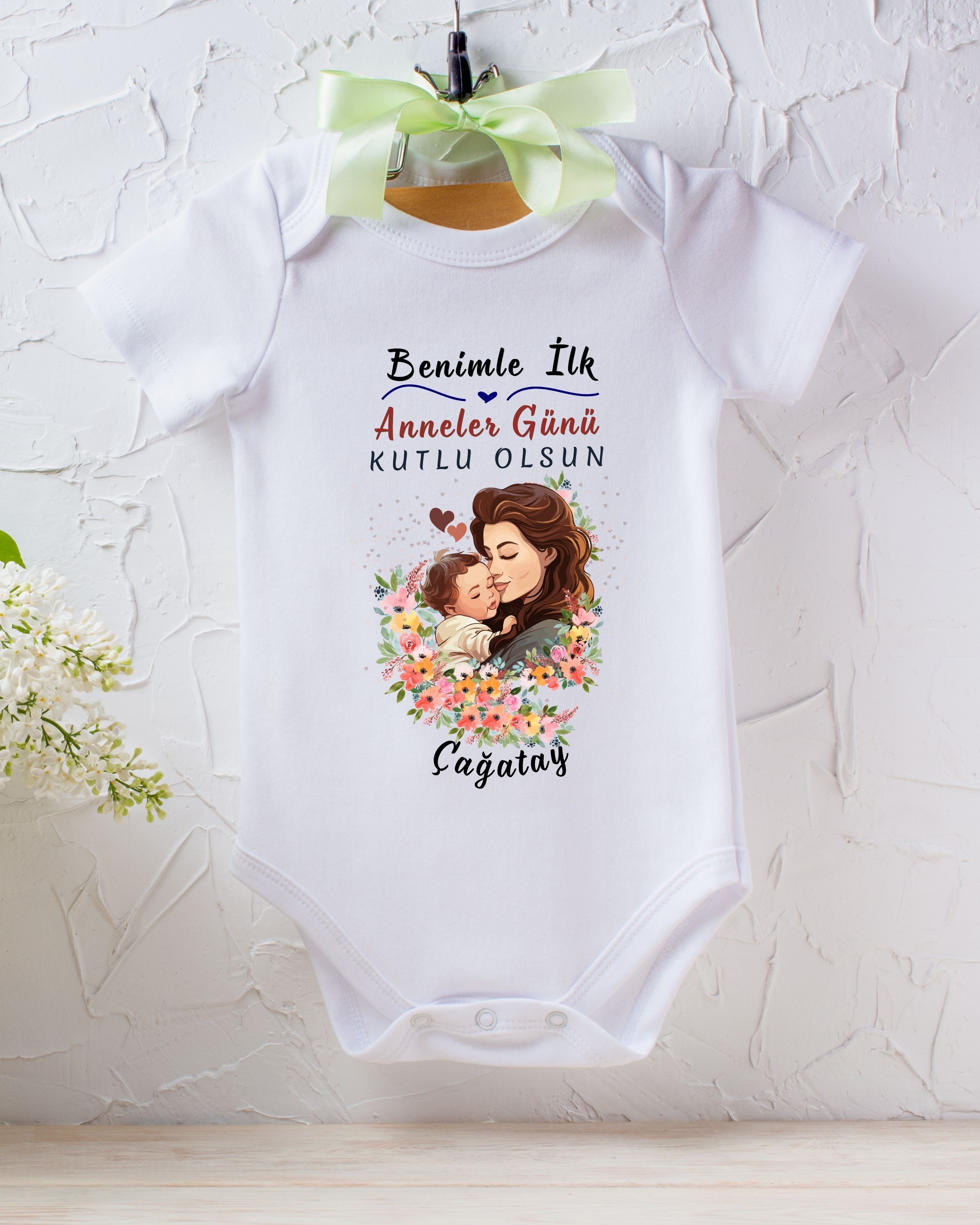 Benimle İlk Anneler Gününe özel Yazılı Kişiye özel Bebek Zıbın %100 Pamuk