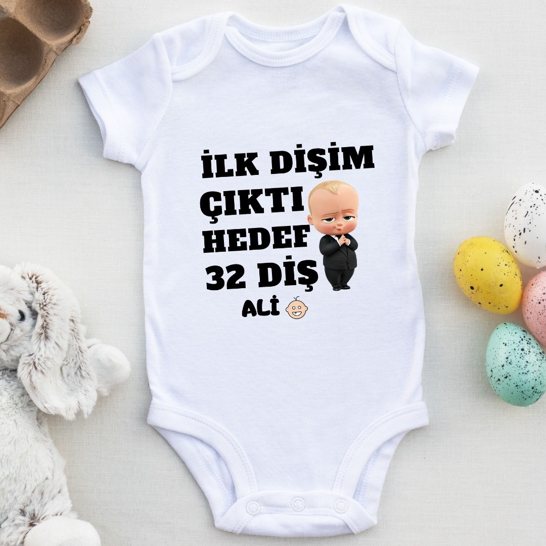 İlk Dişim Çıktı hedef 32 Diş Yazılı Kişiye özel Bebek Zıbın