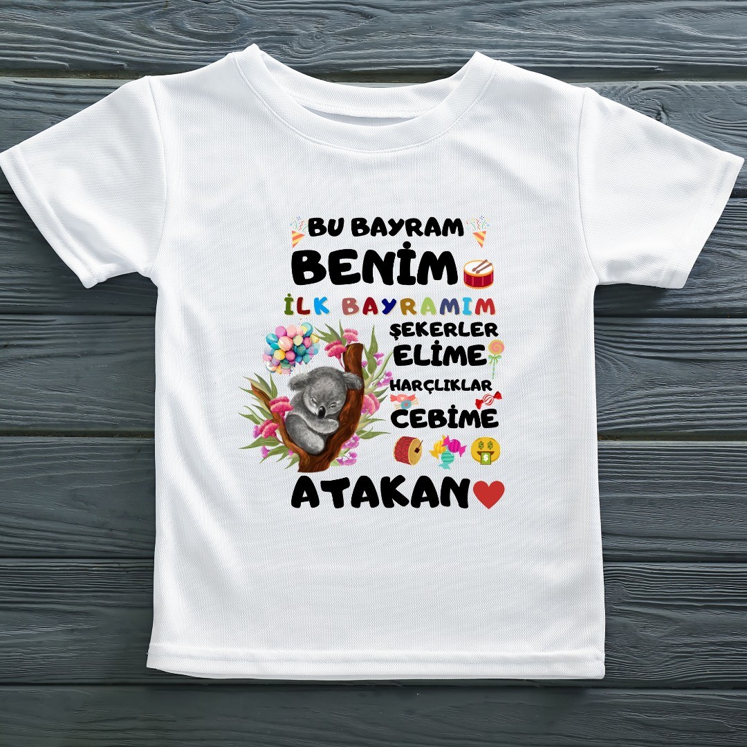 Benim İlk Bayramım Şekerler Elime Harçlıklar Cebime Yazılı Çocuk Tişörtü