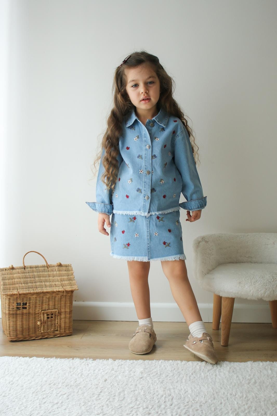 Çiçek Nakışlı Denim Takım