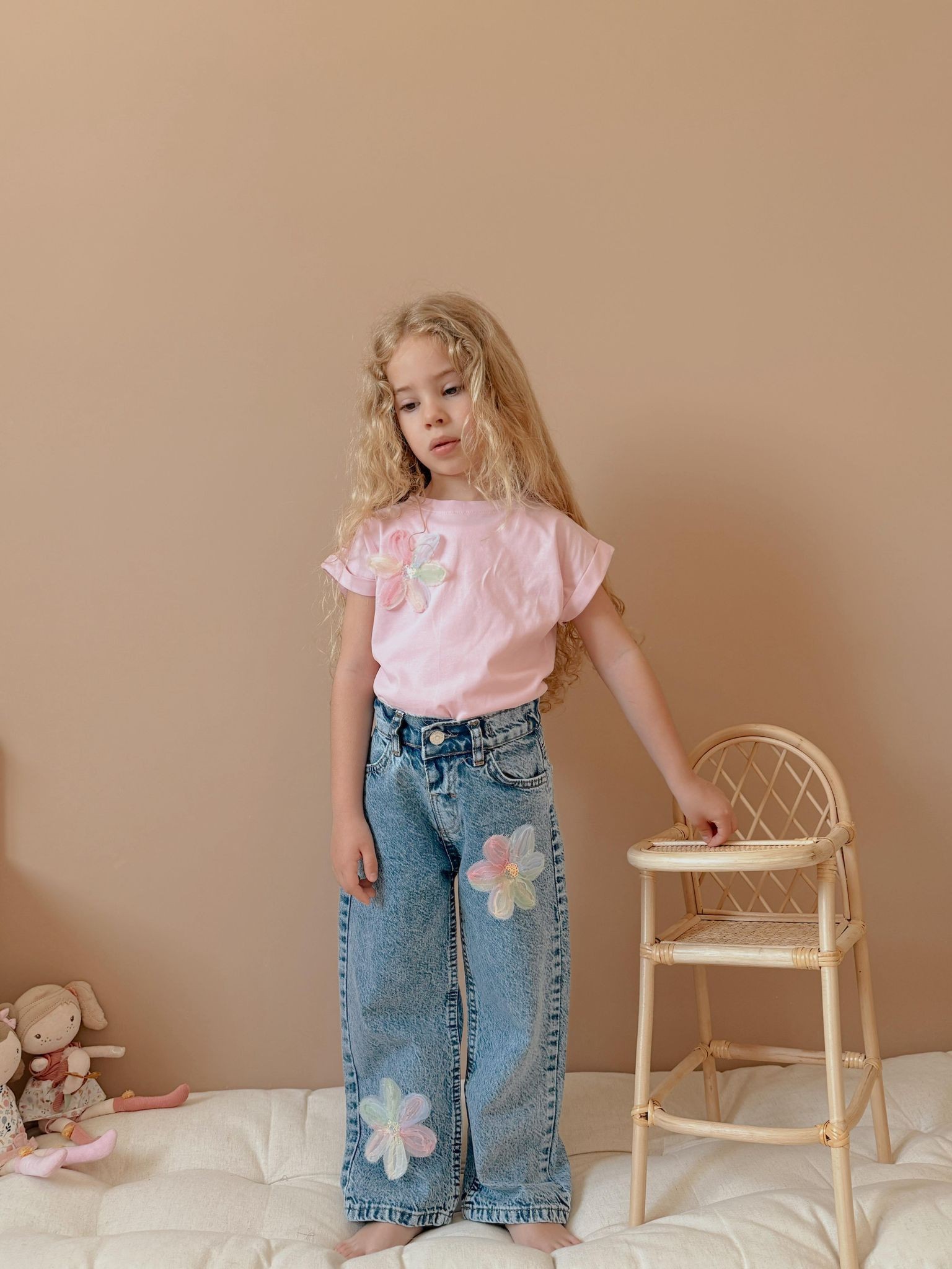 Çiçek Aplik Detaylı Denim Pantolon Takım 