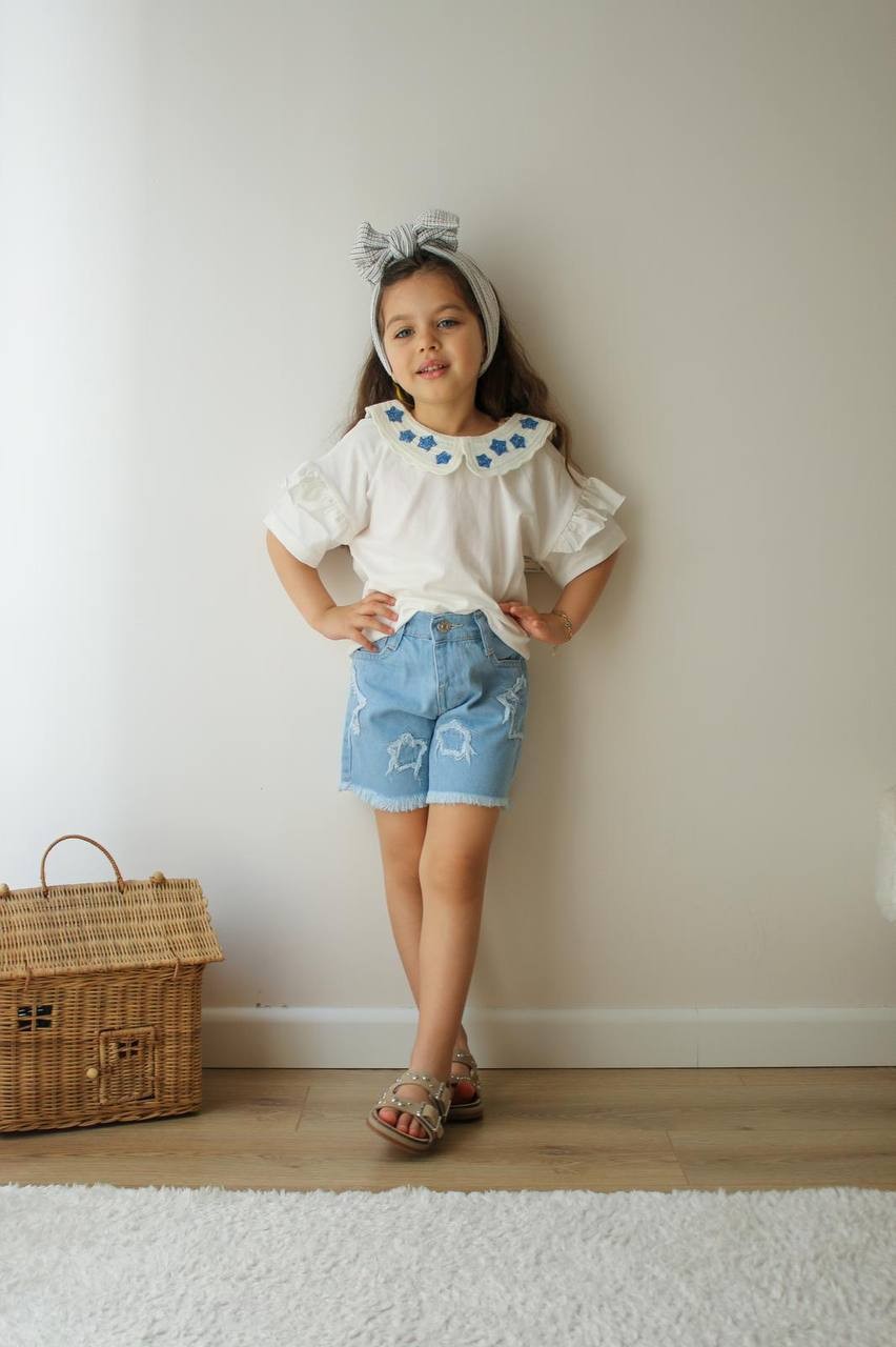 Denim Şortlu Yıldız Nakışlı Takım