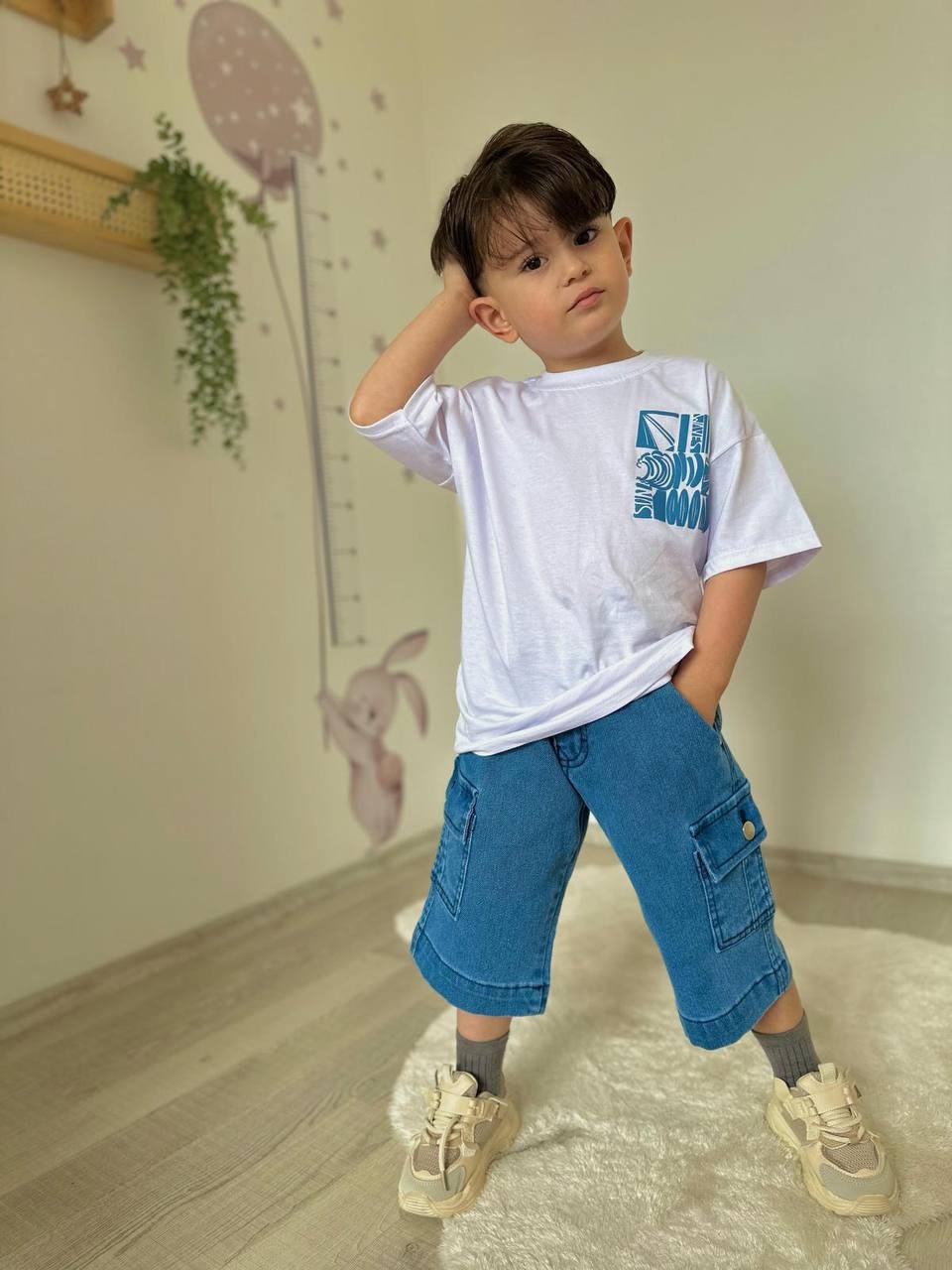 Sırt Baskılı Denim Kapri Takım 