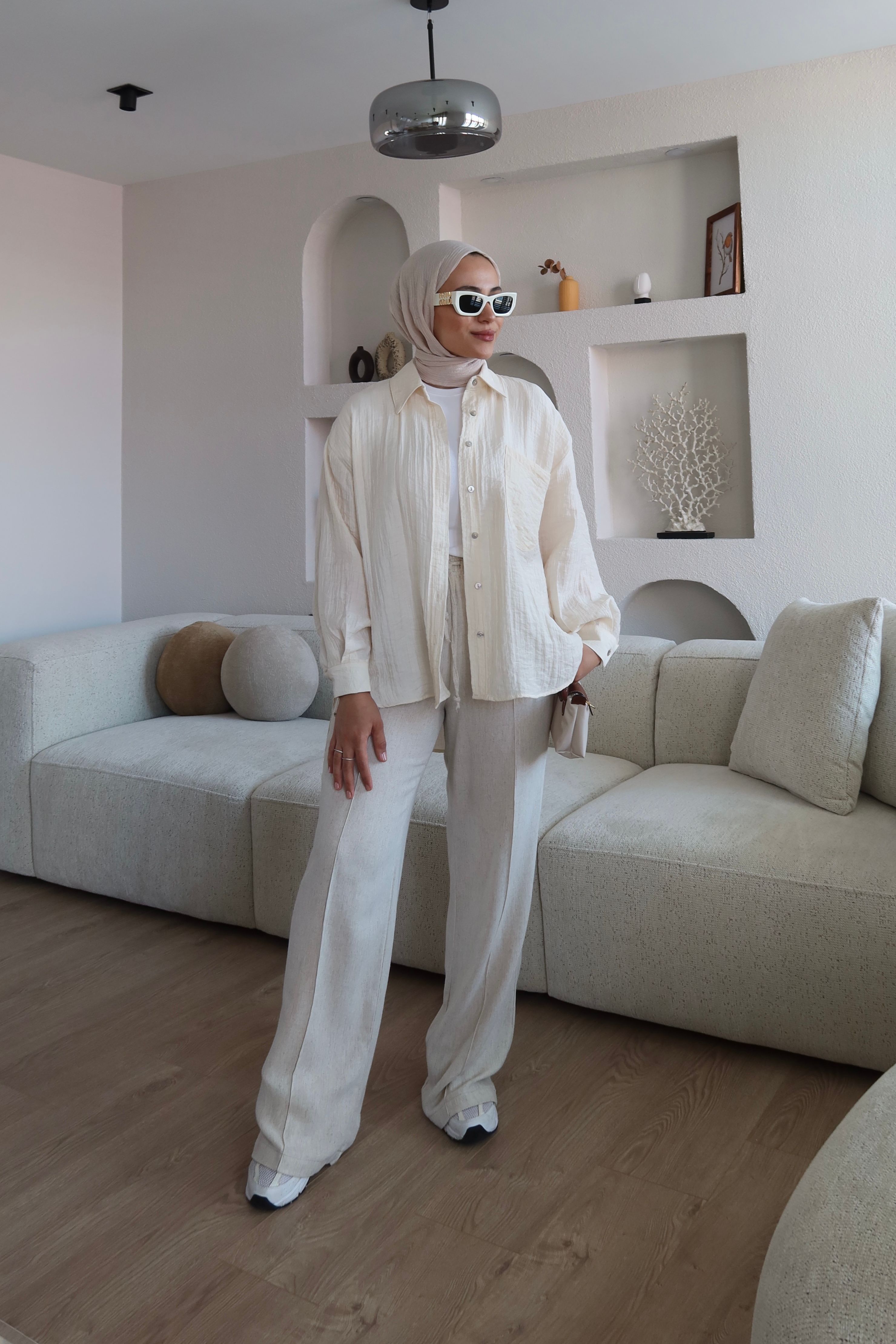 Kabartma Kumaş Oversize Gömlek Krem