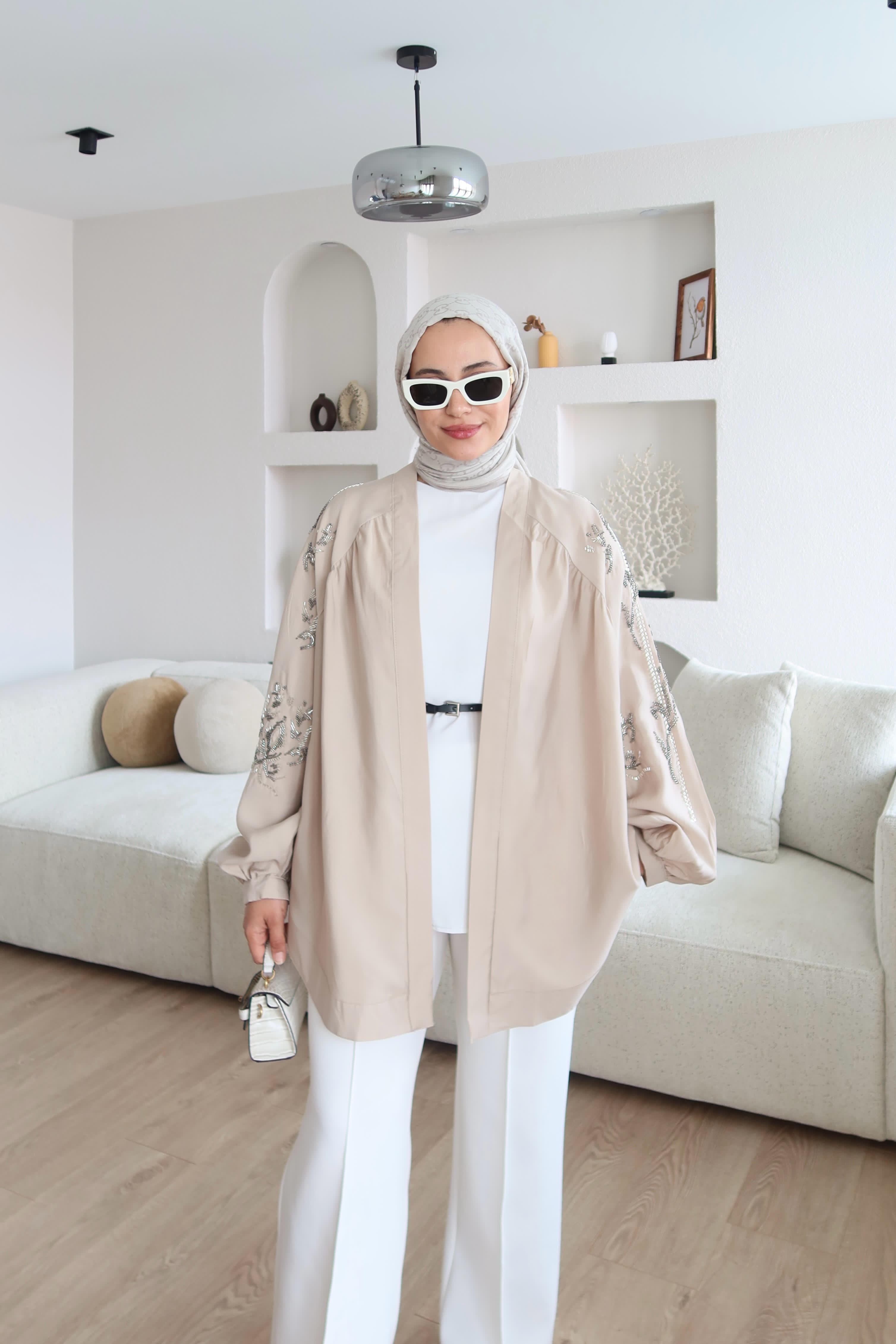 Premium Tencel Kumaş İşlemeli Kimono Taş  main variant image
