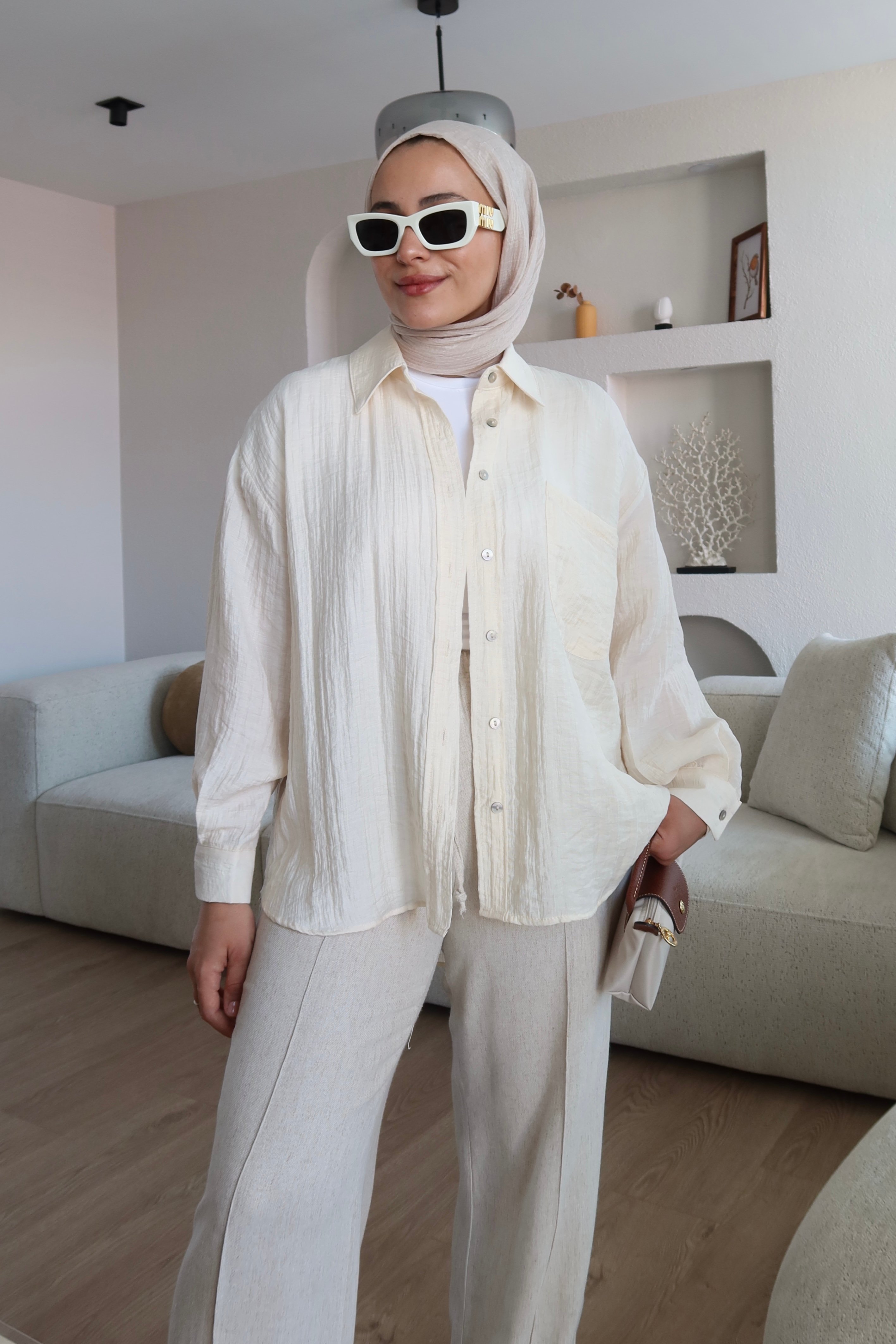 Kabartma Kumaş Oversize Gömlek Krem X Nature Pantolon Taş Kombin İndirimi 