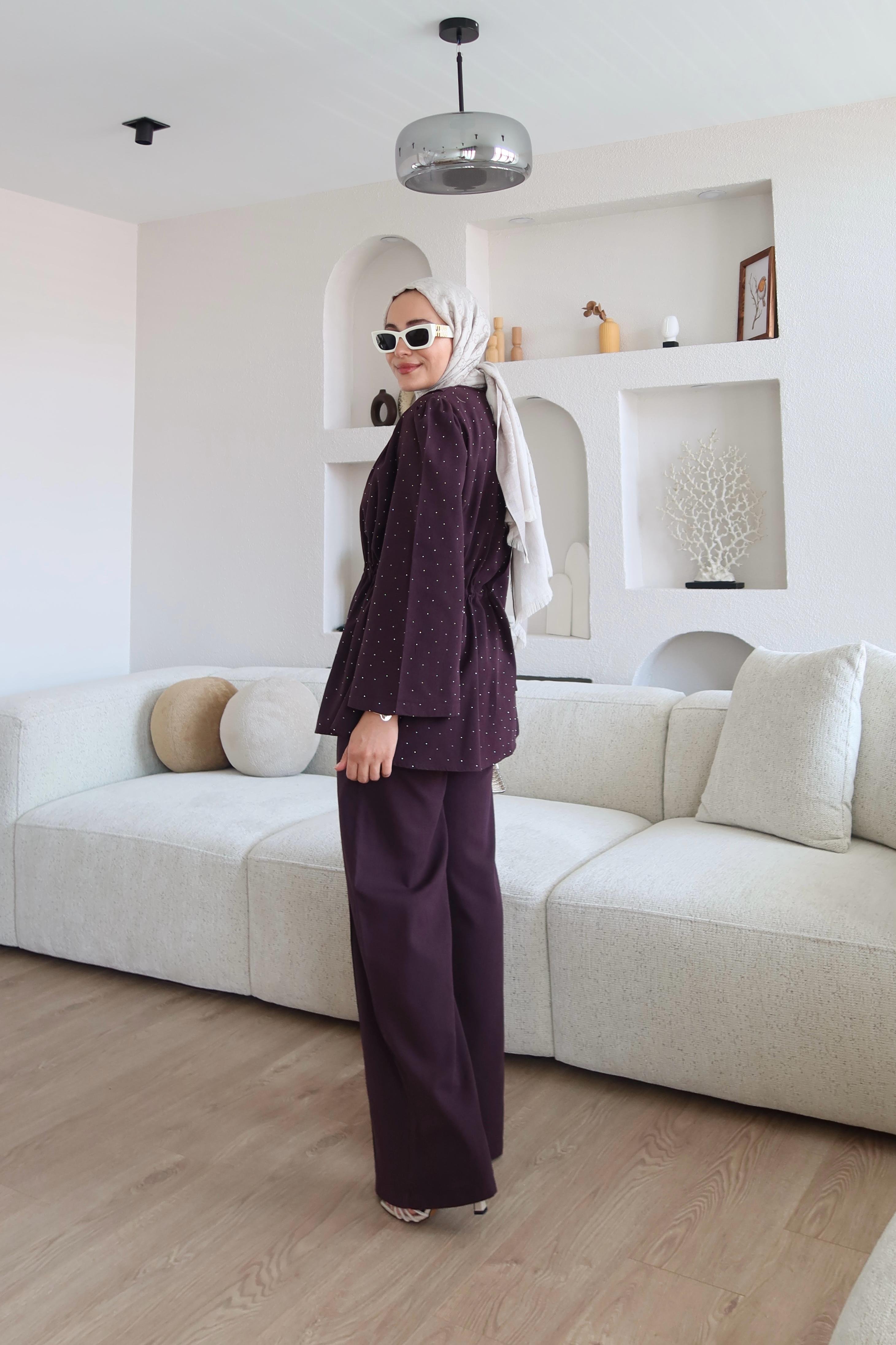 Keten Kumaş Taşlı Takım Bordo