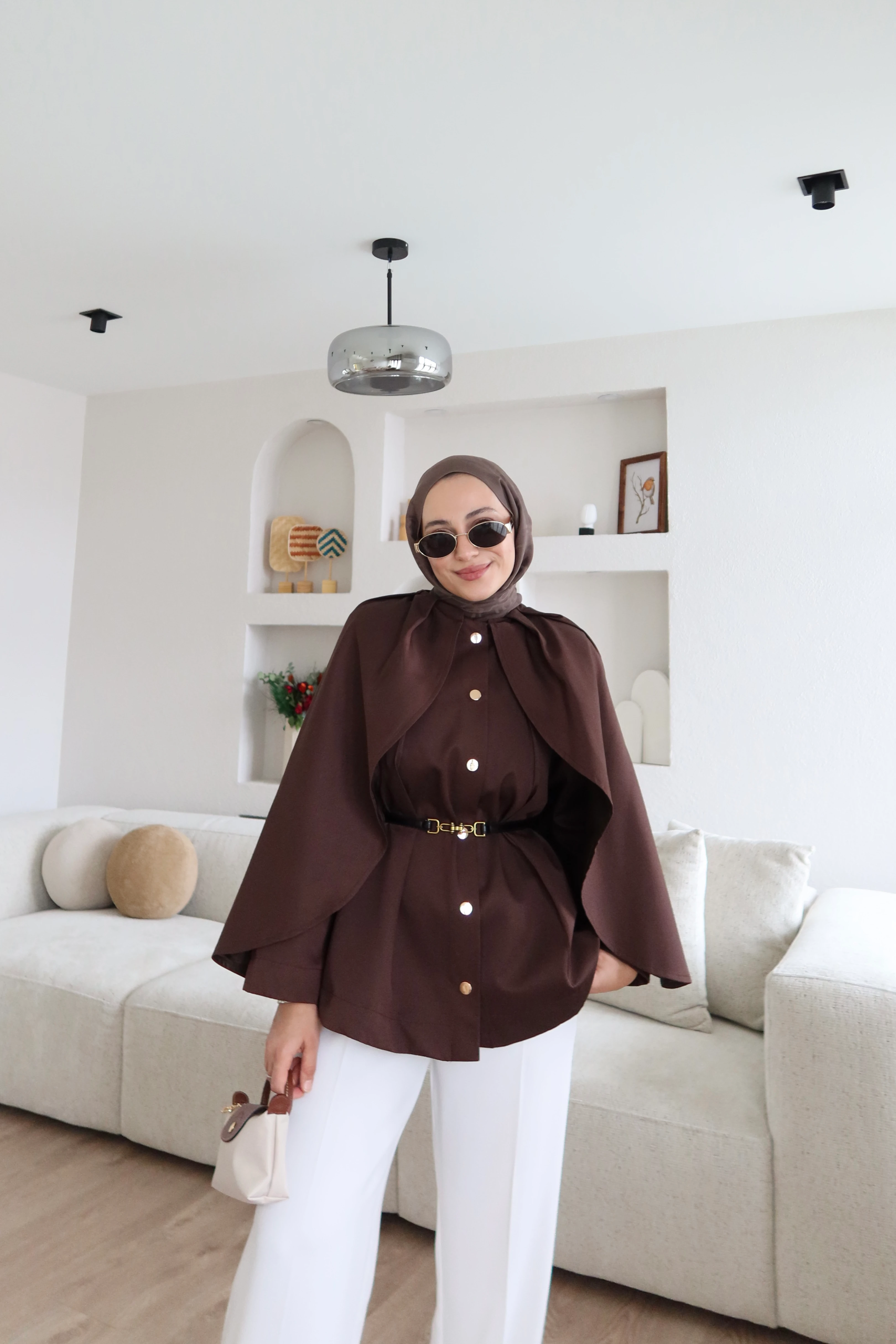 Gabardine Fabric Short Trench Coat with Cape – Brown