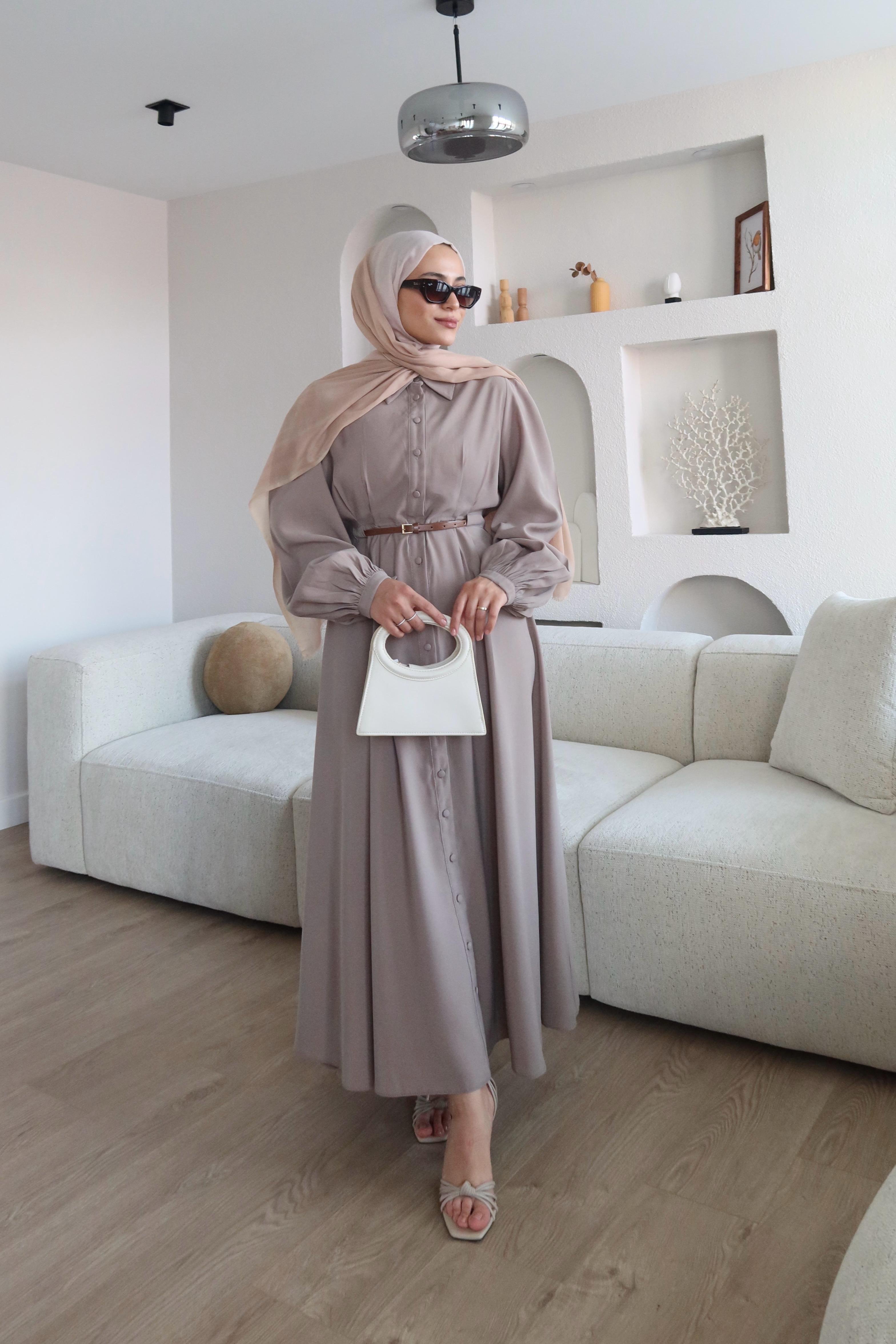 Premium Kumaş Kemerli Elbise Vizon 