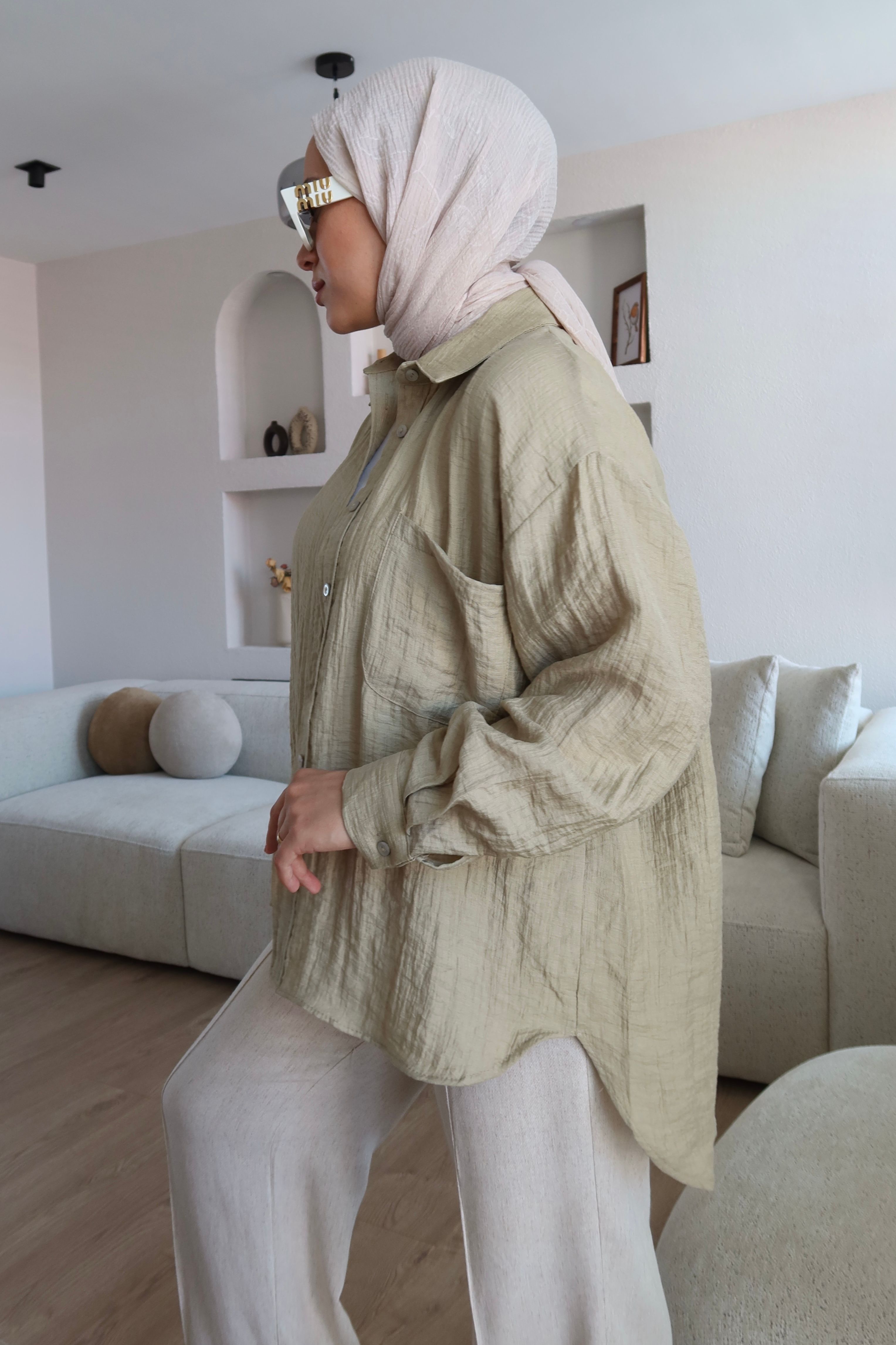 Kabartma Kumaş Oversize Gömlek Haki 