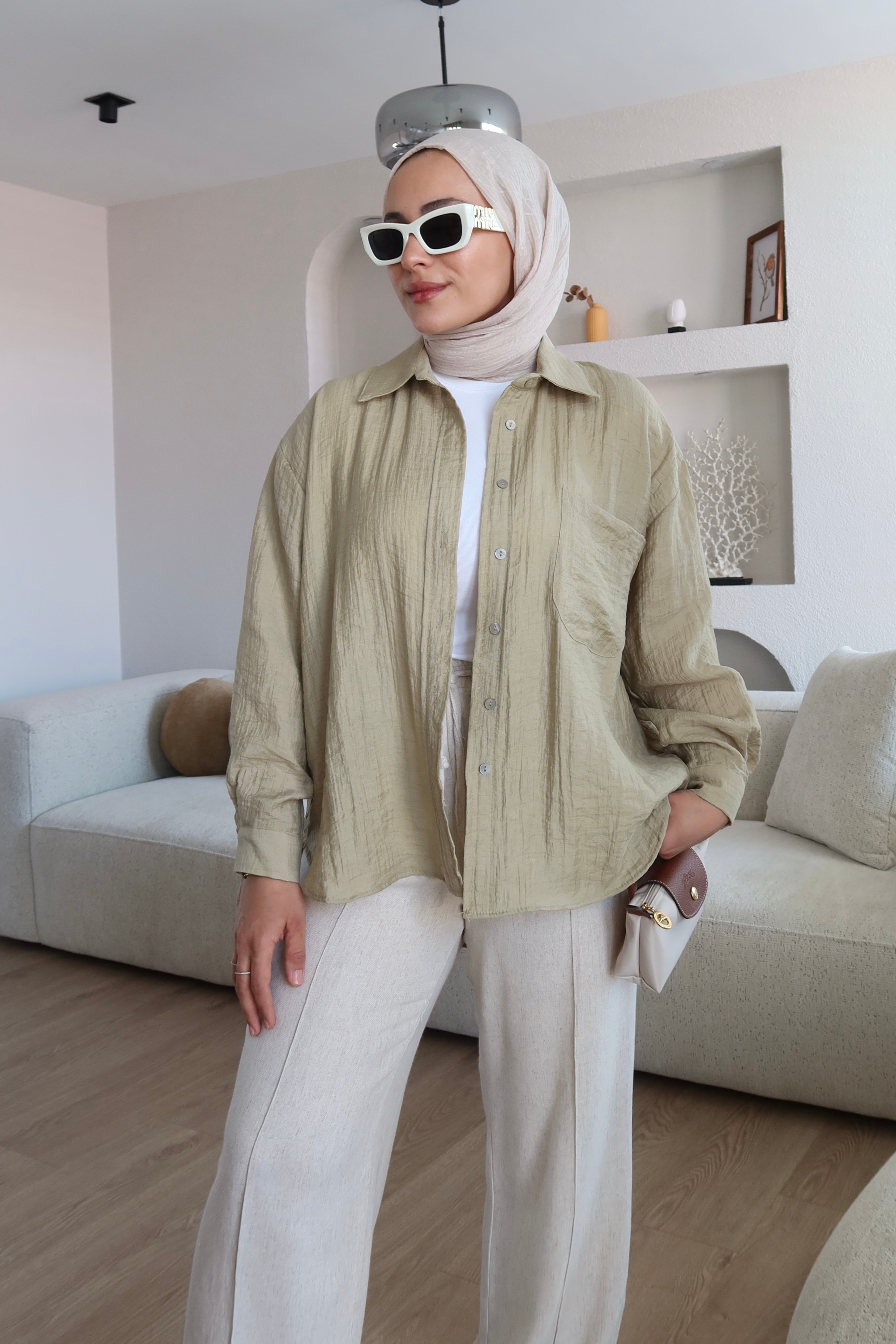 Kabartma Kumaş Oversize Gömlek Haki X Nature Pantolon Taş Kombin İndirimi 