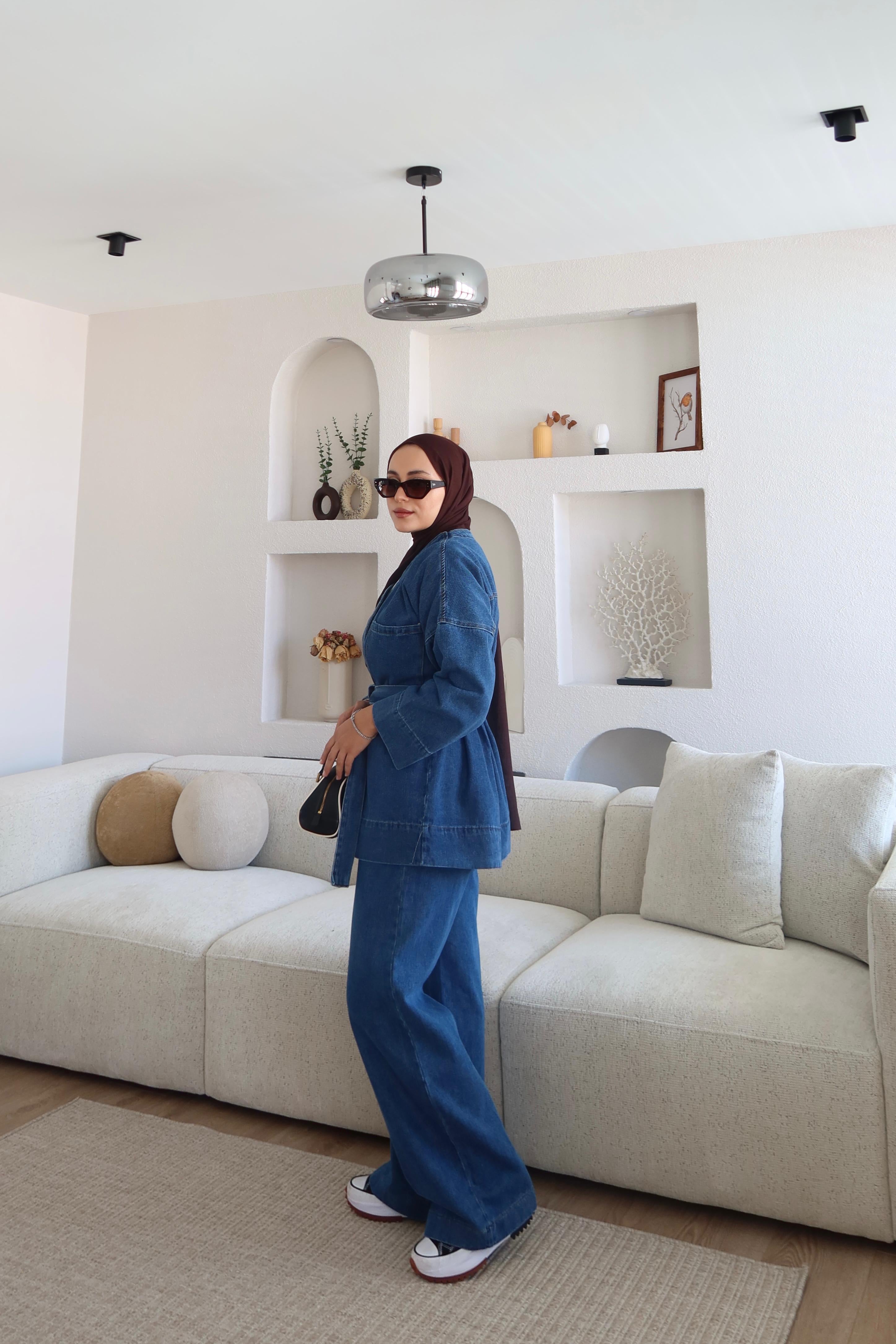 Kemerli Denim Takım Mavi 