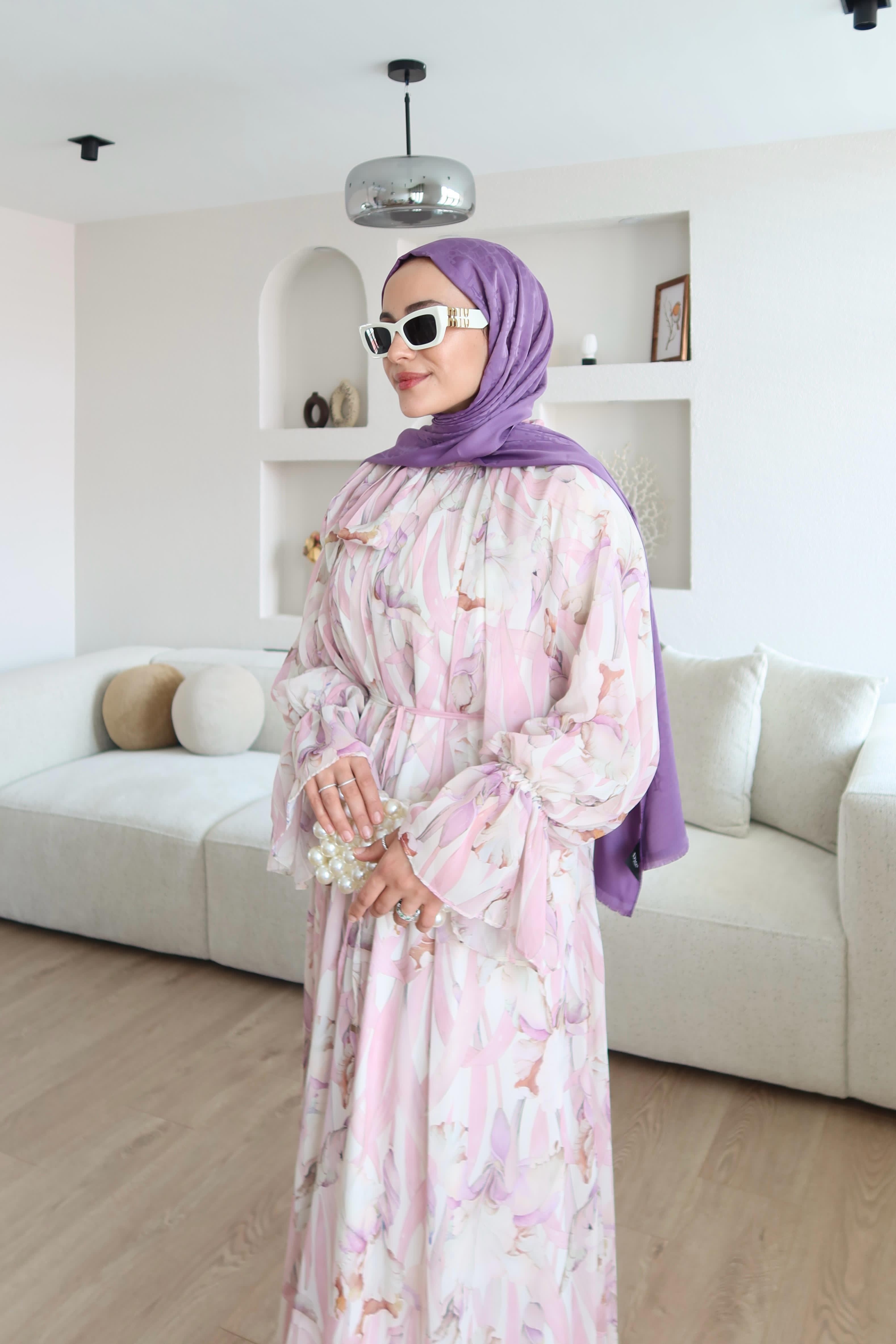 Dyla Desenli Şifon Elbise Pembe 