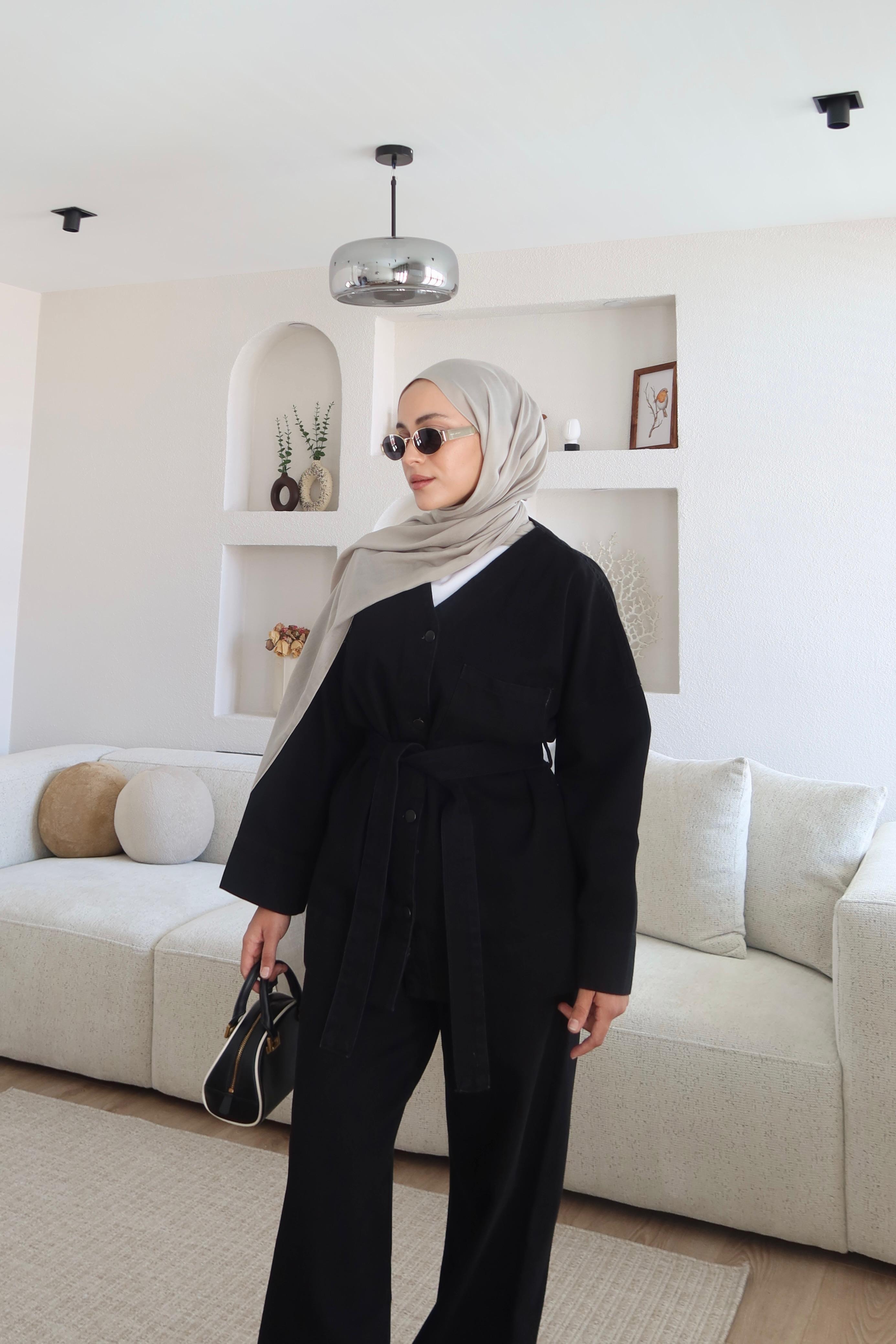 Kemerli Denim Takım Siyahh