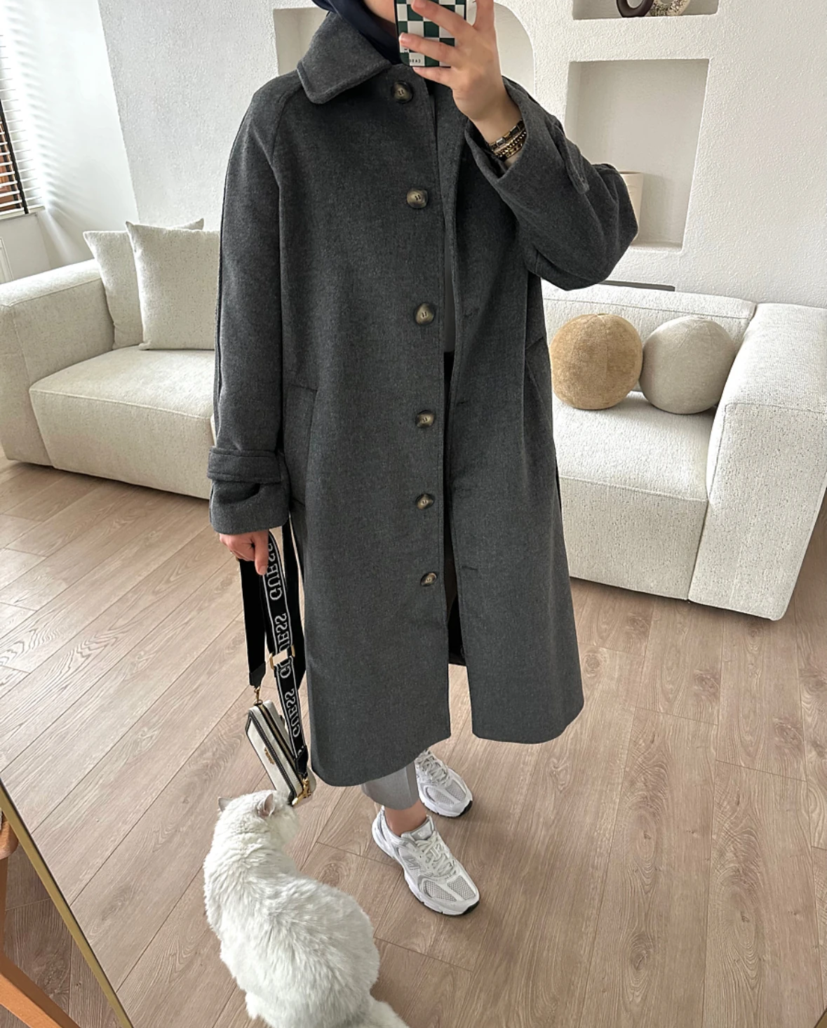 Önü Düğmeli Kuşaklı Premium Kaban Antrasit