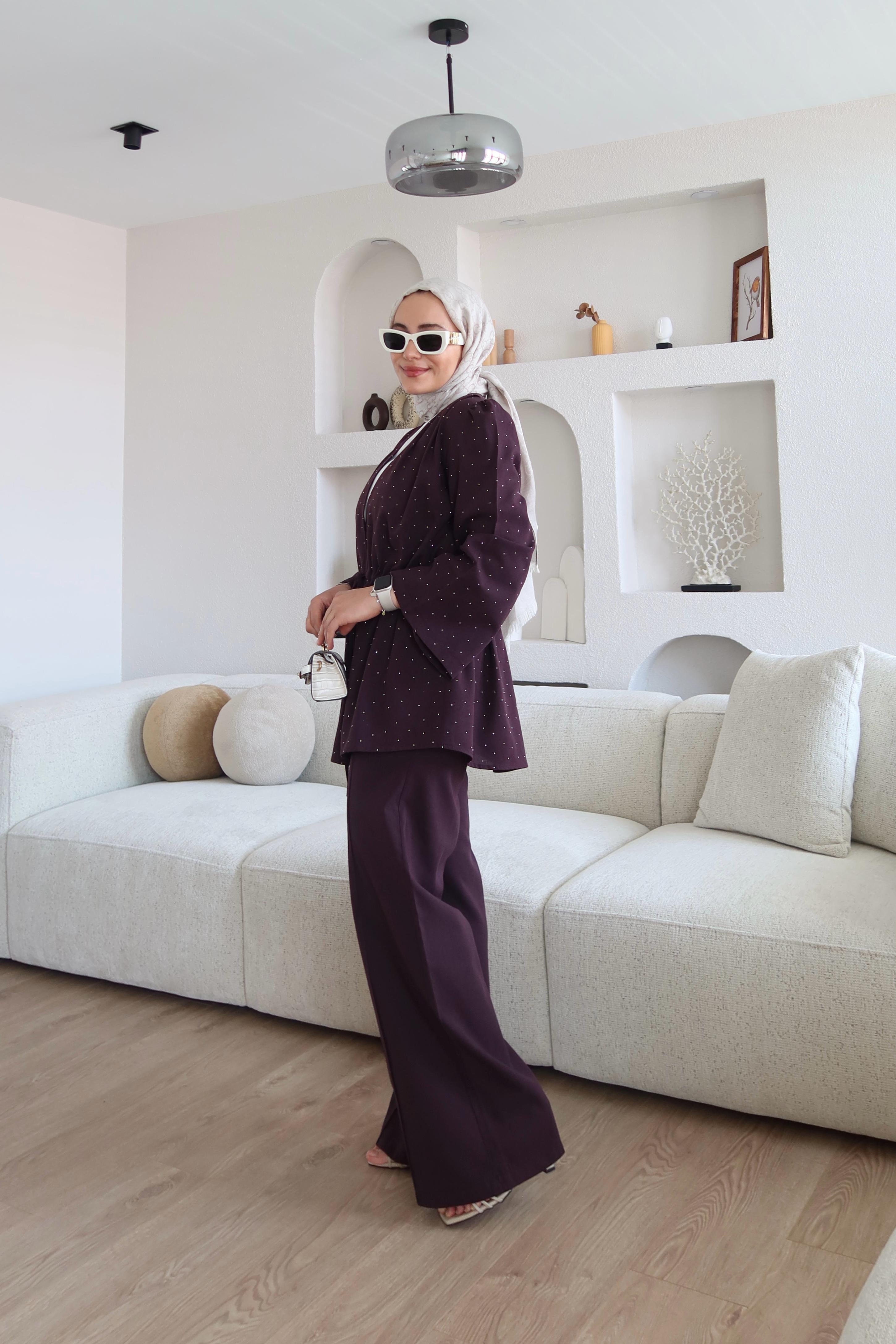 Keten Kumaş Taşlı Takım Bordo