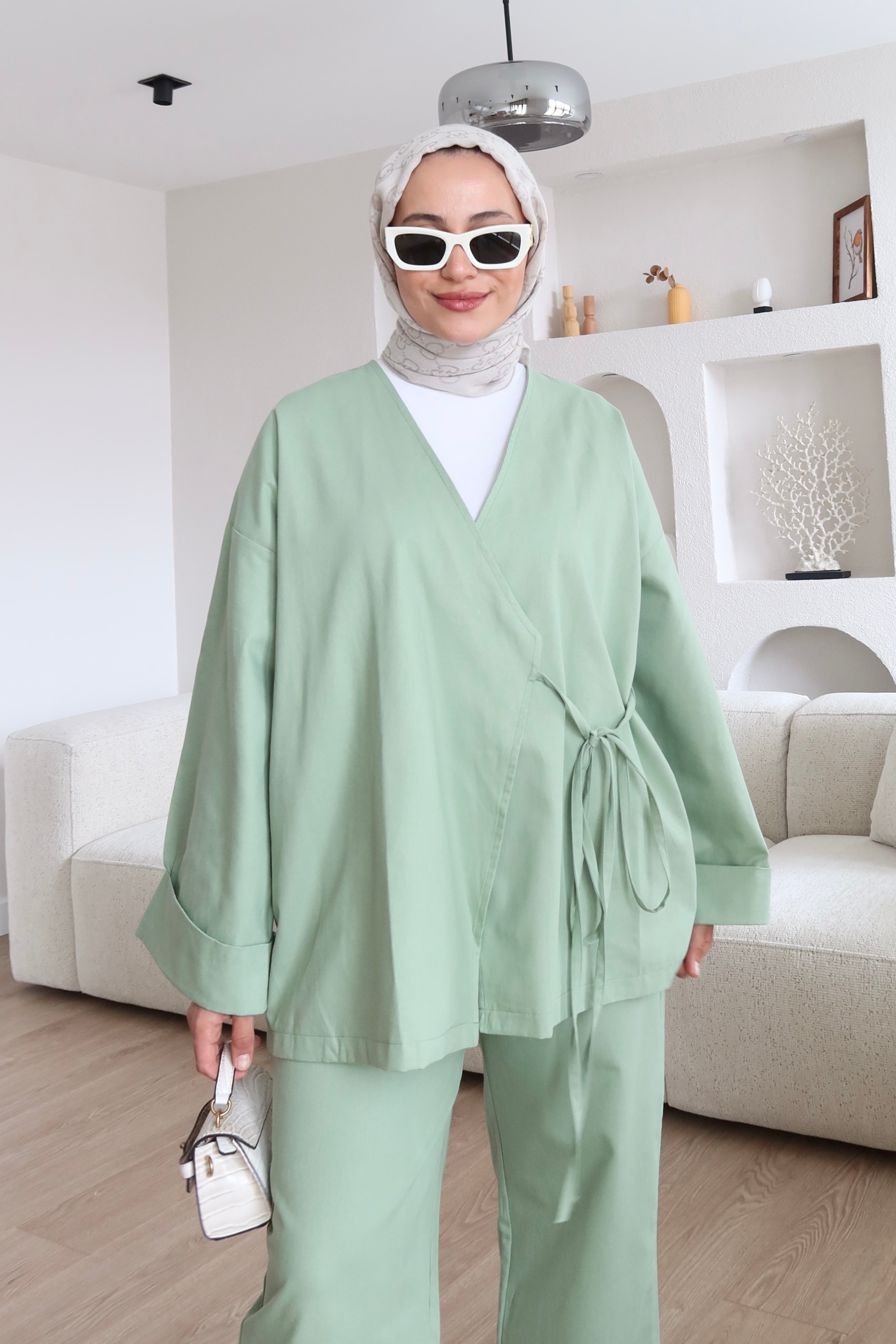 Bağlama Detaylı Kimono Takım Çağla Yeşili