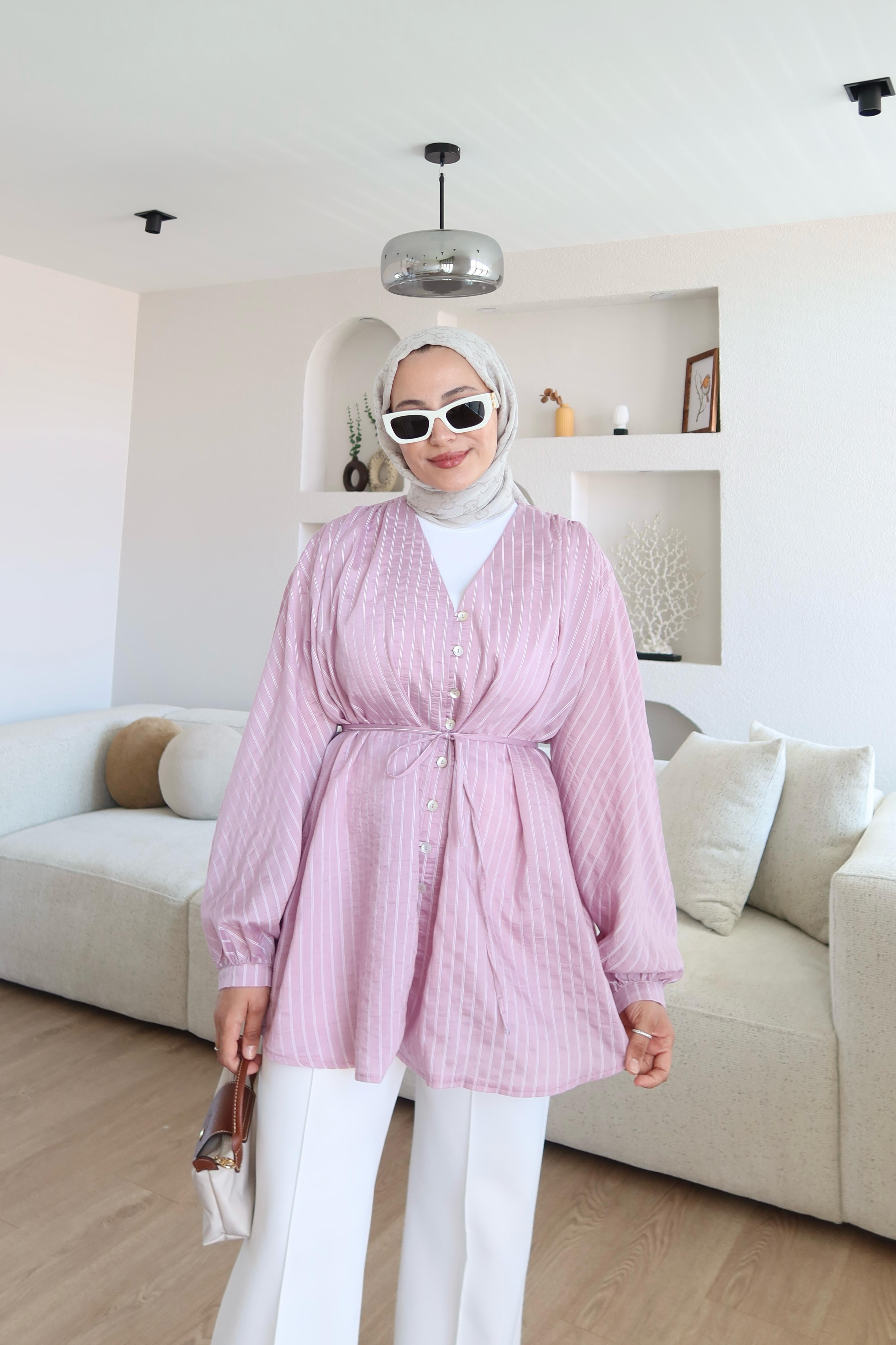 Çizgili Omuz Pileli Gömlek Pembe  main variant image