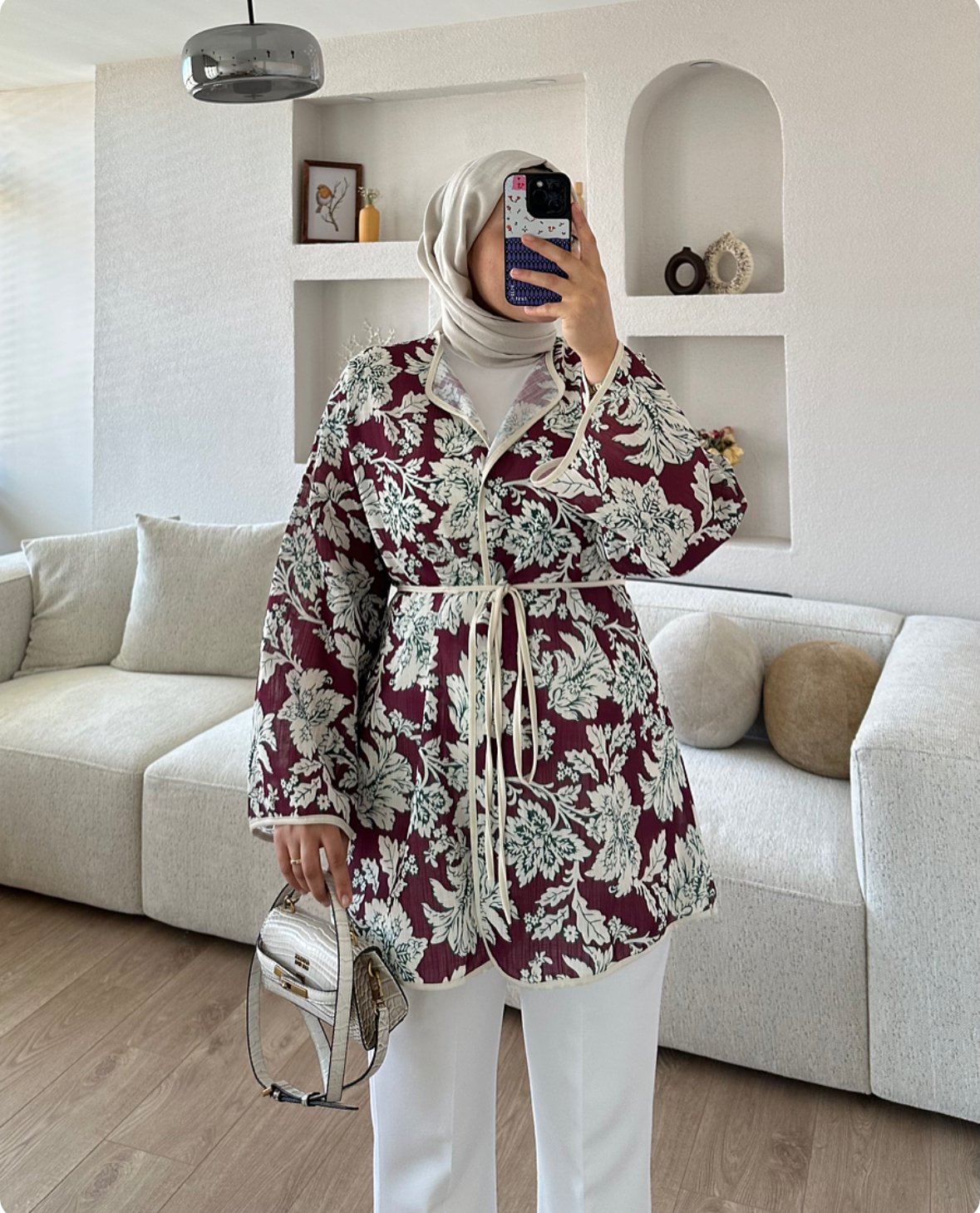 Kemerli Kimono Mürdüm X Beyaz Pantolon Kombin İndirimi