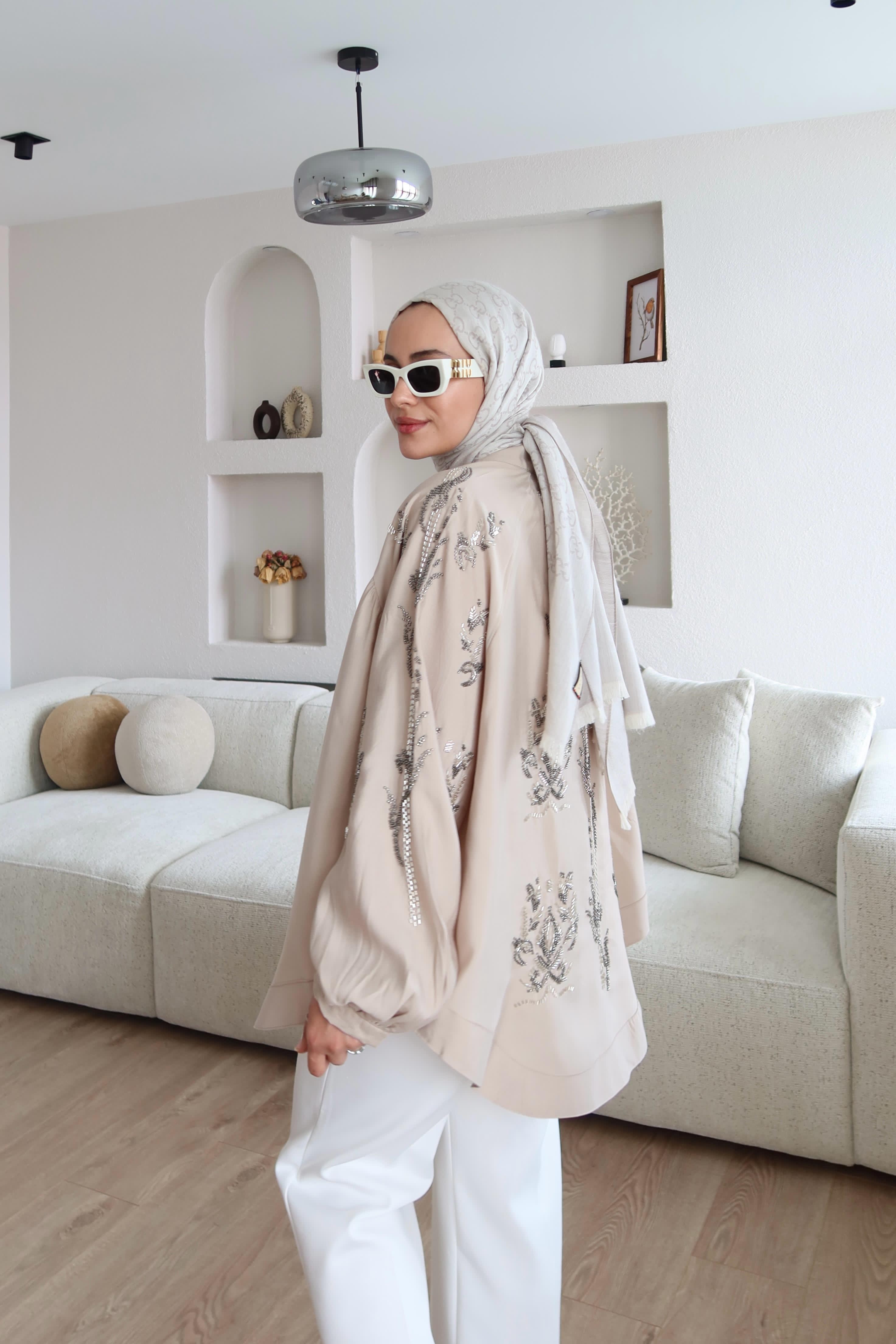 Premium Tencel Kumaş İşlemeli Kimono Taş 
