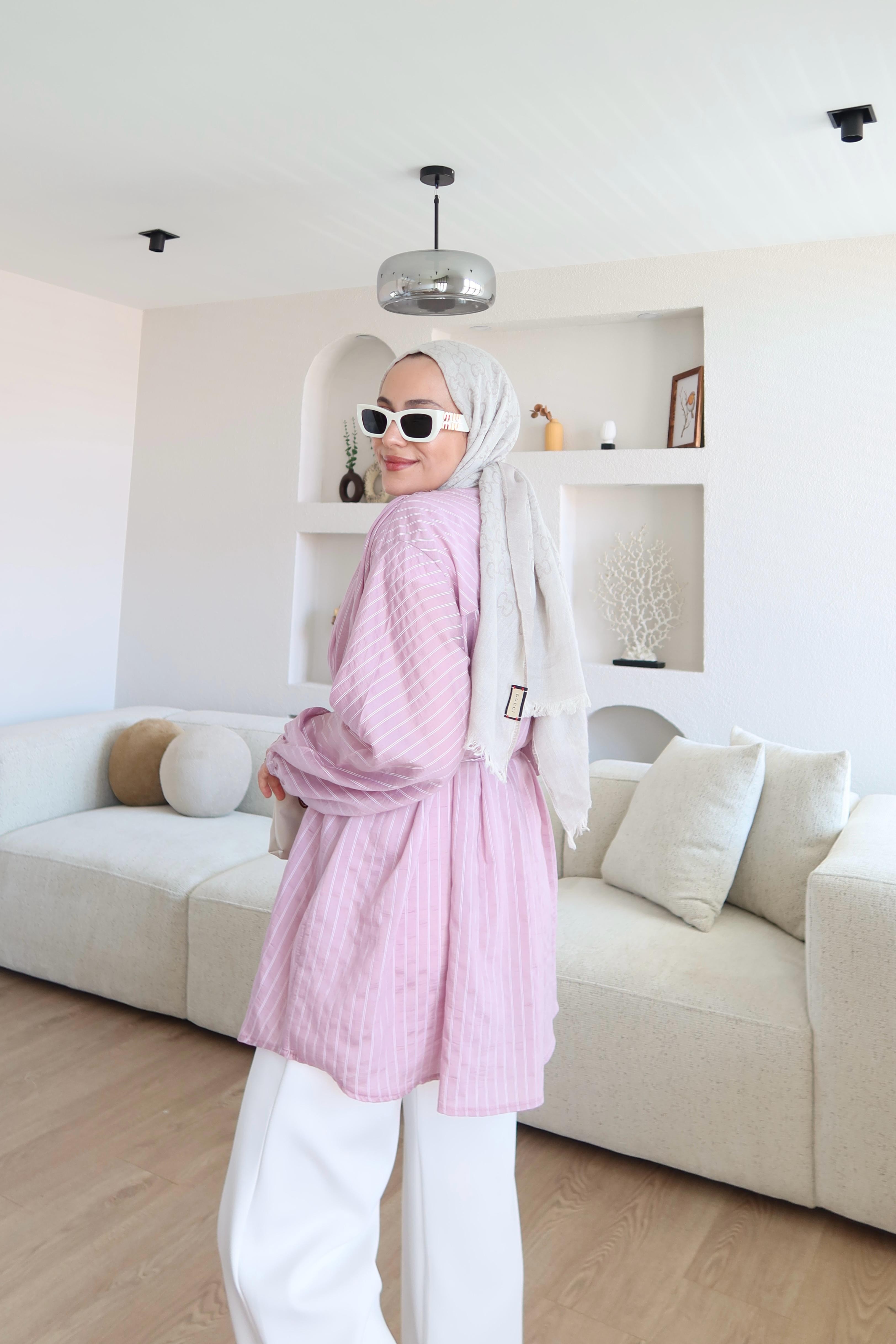 Çizgili Omuz Pileli Gömlek Pembe 