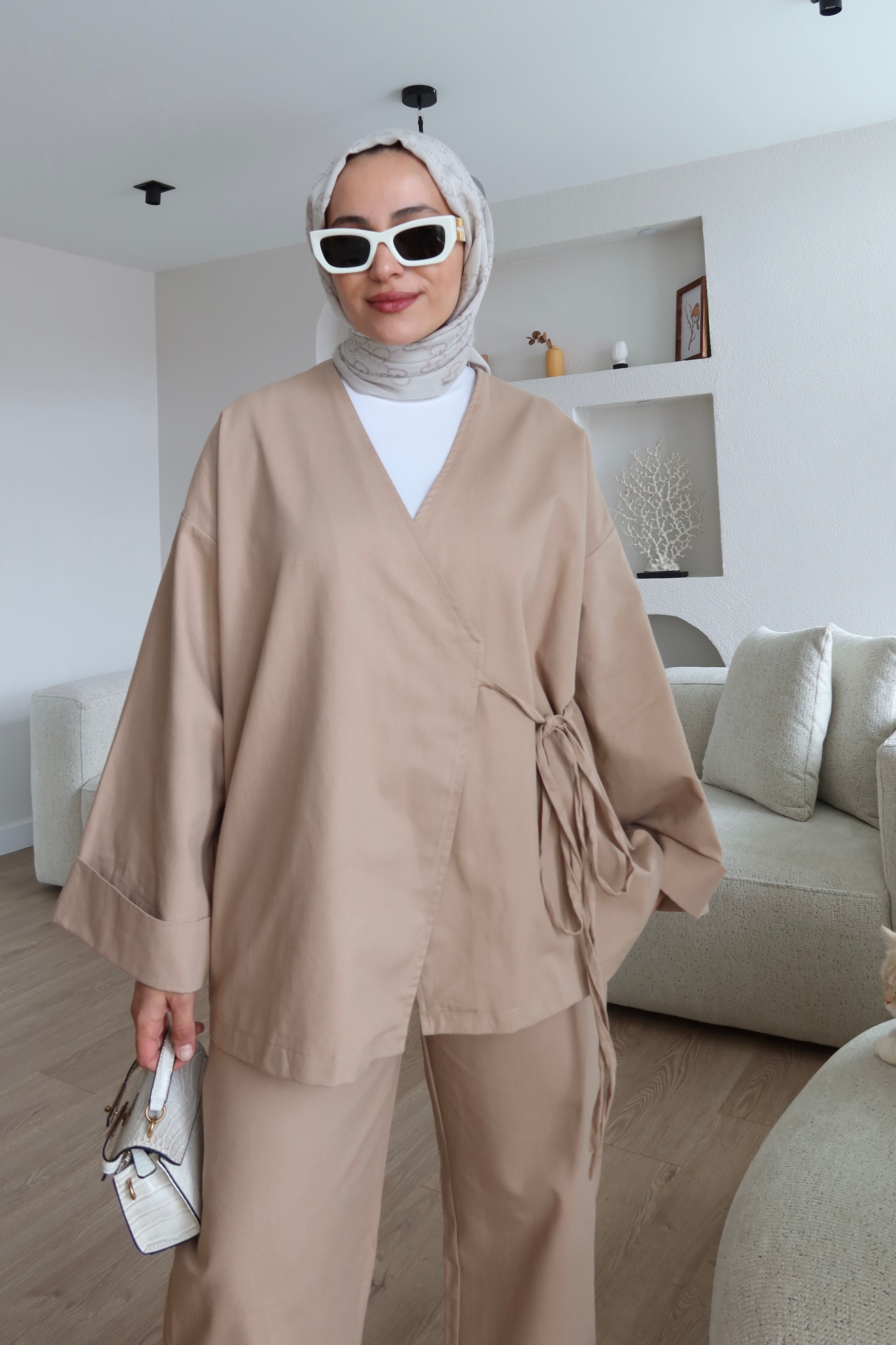 Bağlama Detaylı Kimono Takım Kahve