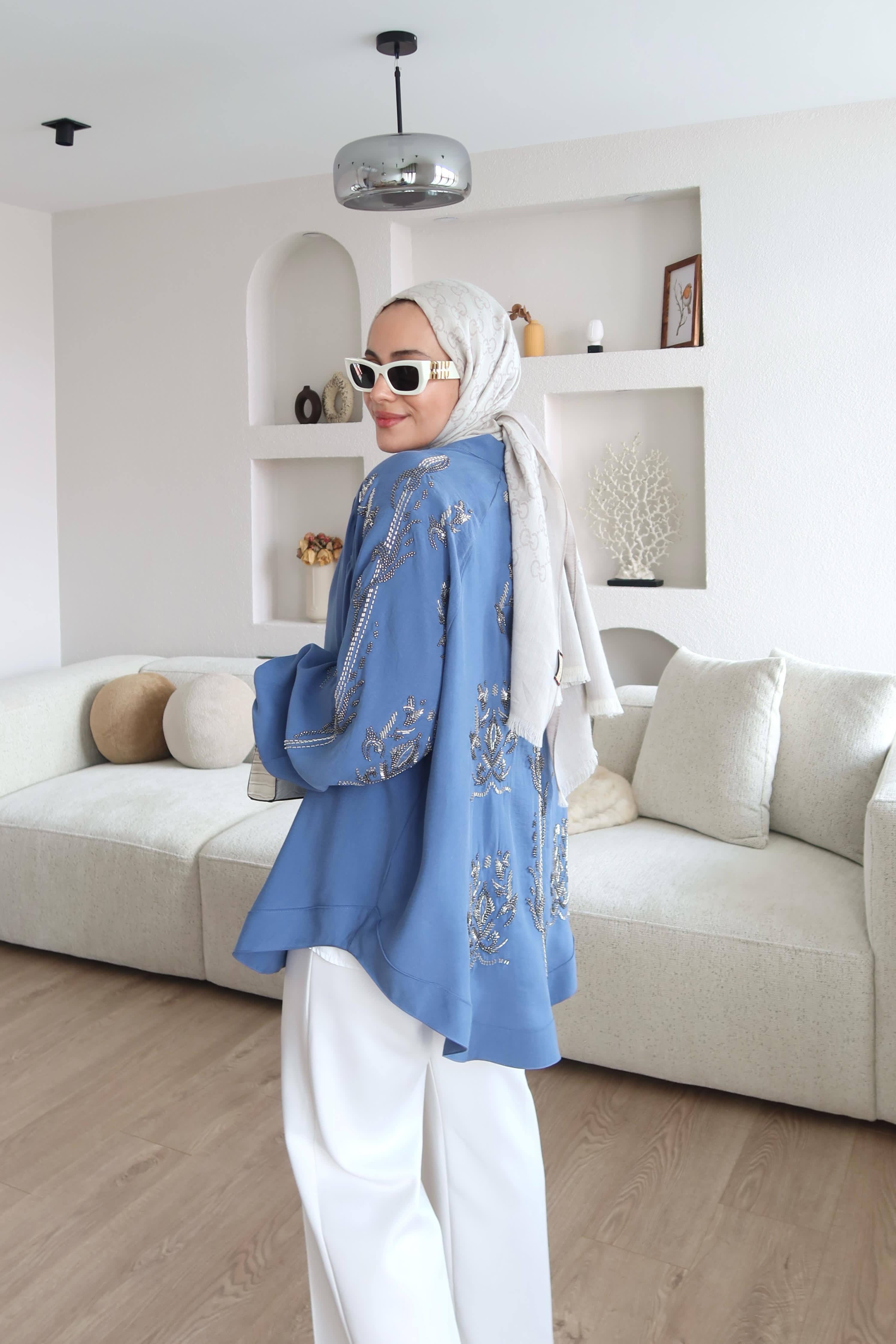 Premium Tencel Kumaş İşlemeli Kimono Mavi 