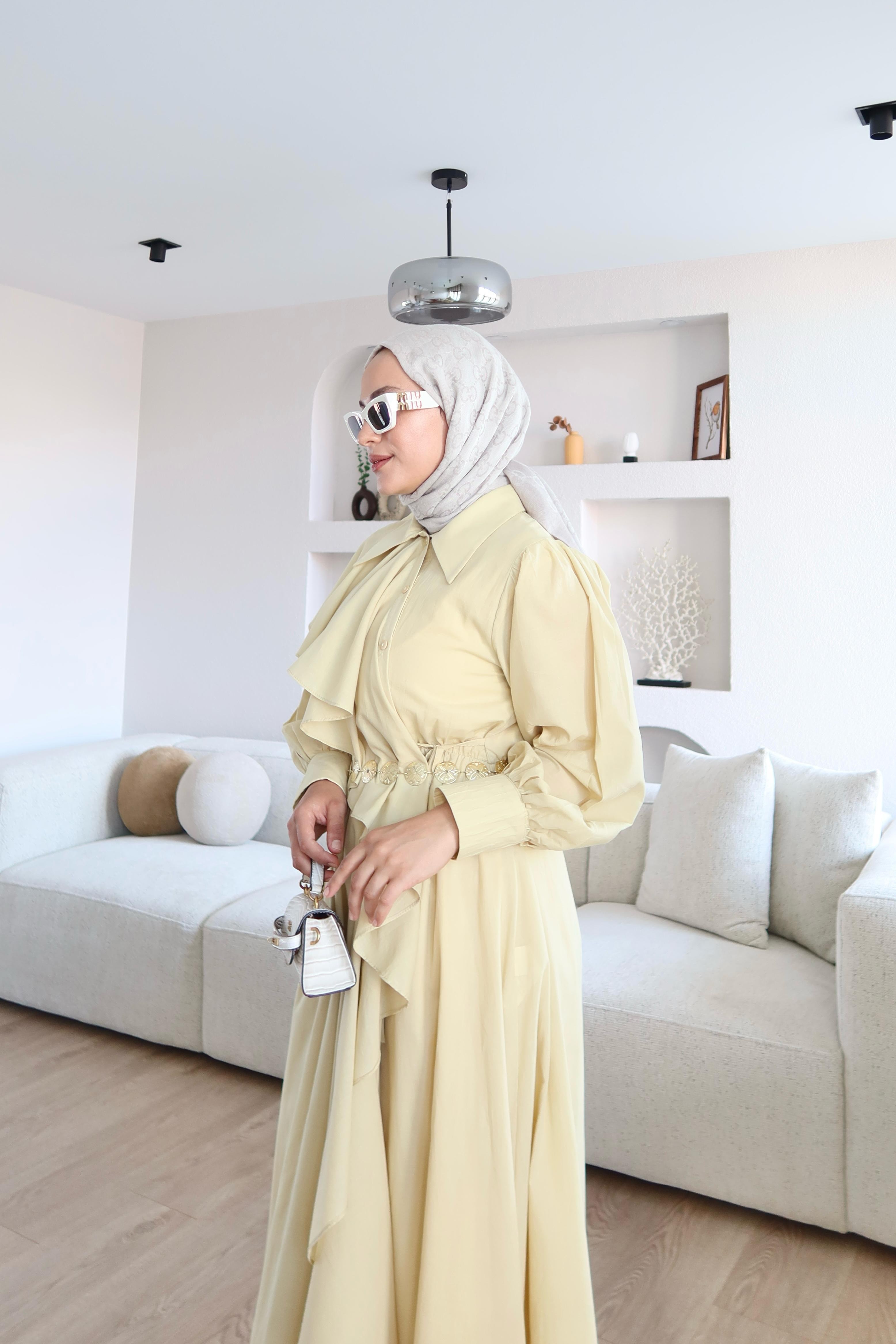 Kenneth Çapraz Volanlı Vual Elbise Sarı