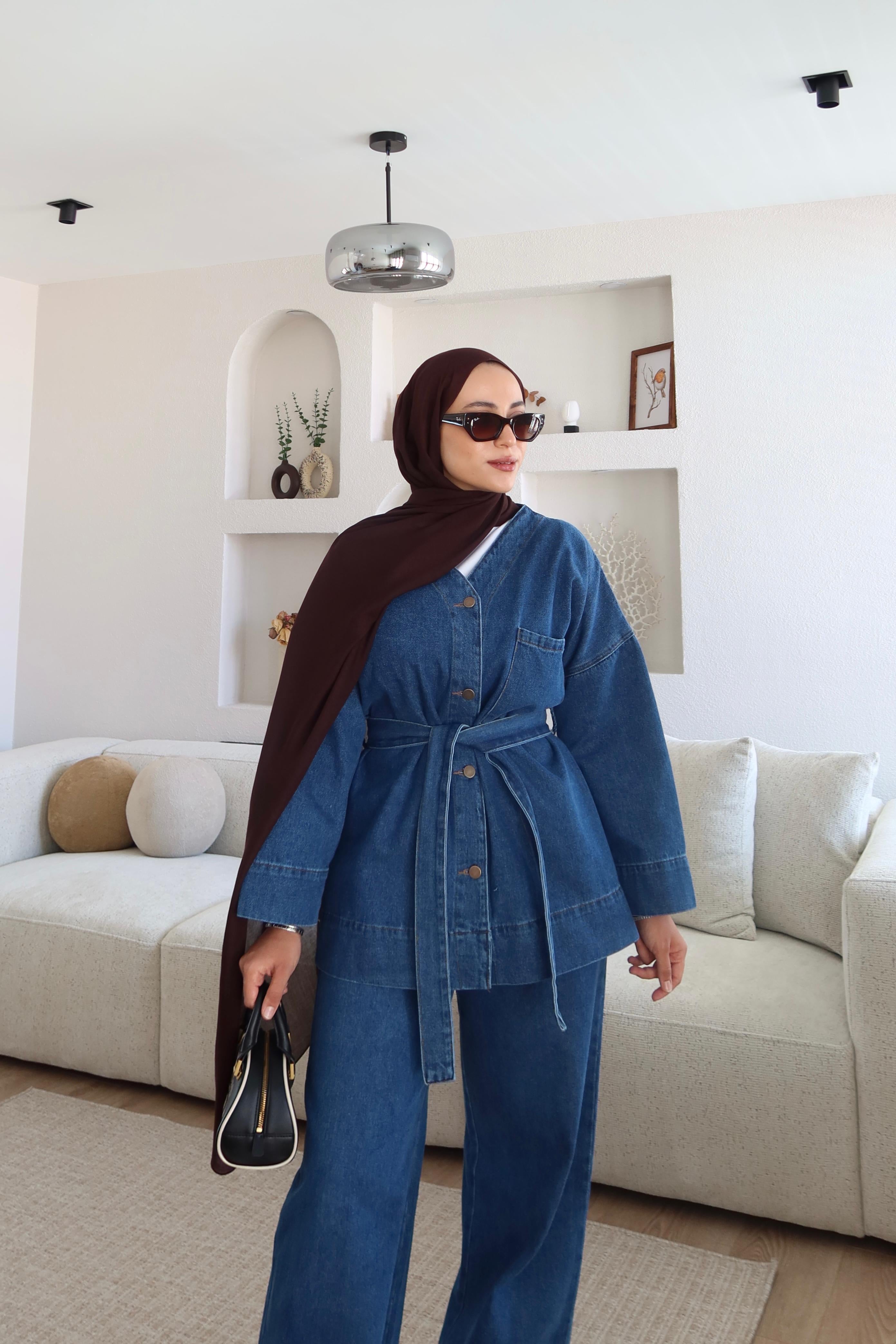 Kemerli Denim Takım Mavi 