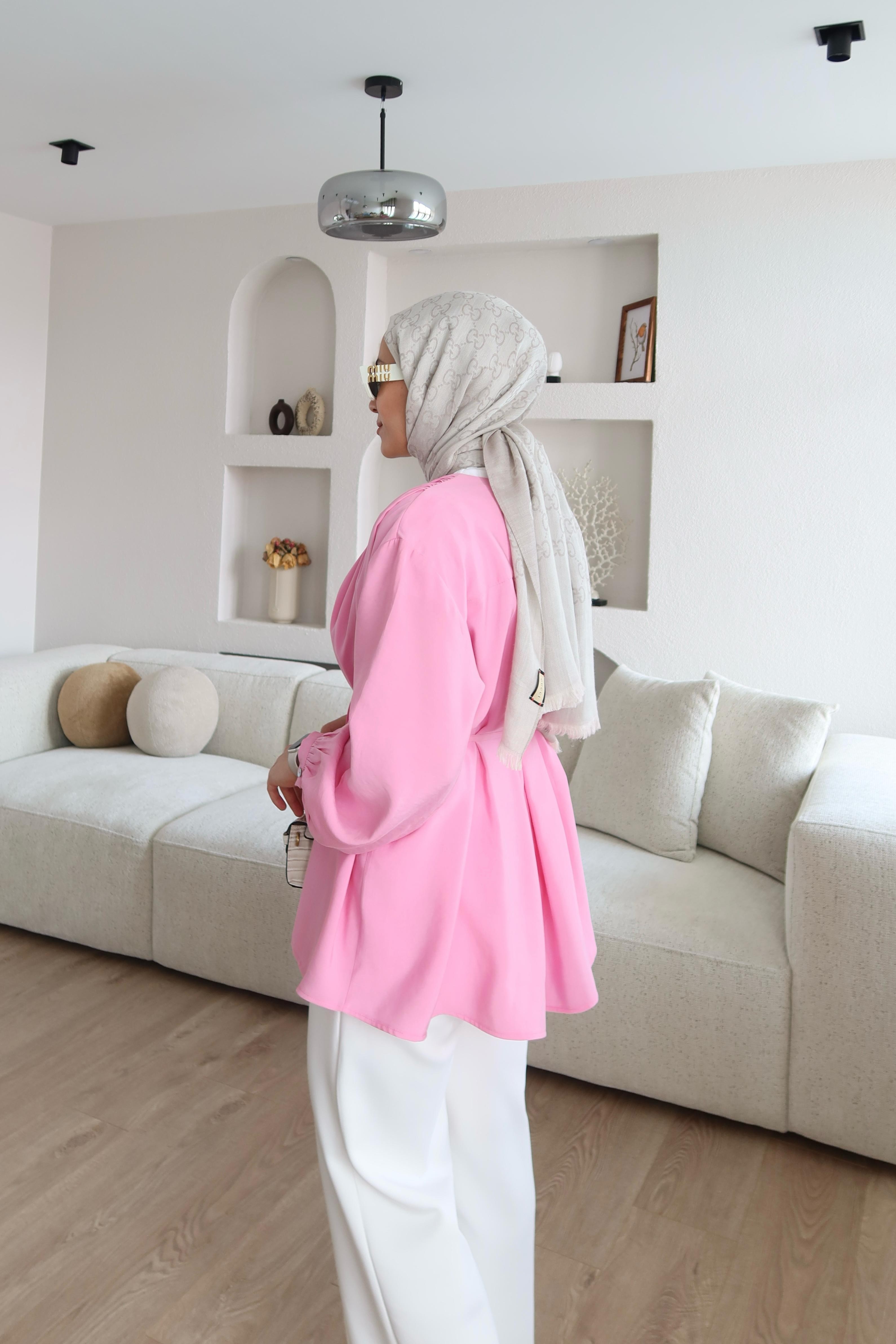 Omuz Pileli Tensel Gömlek Pembe 