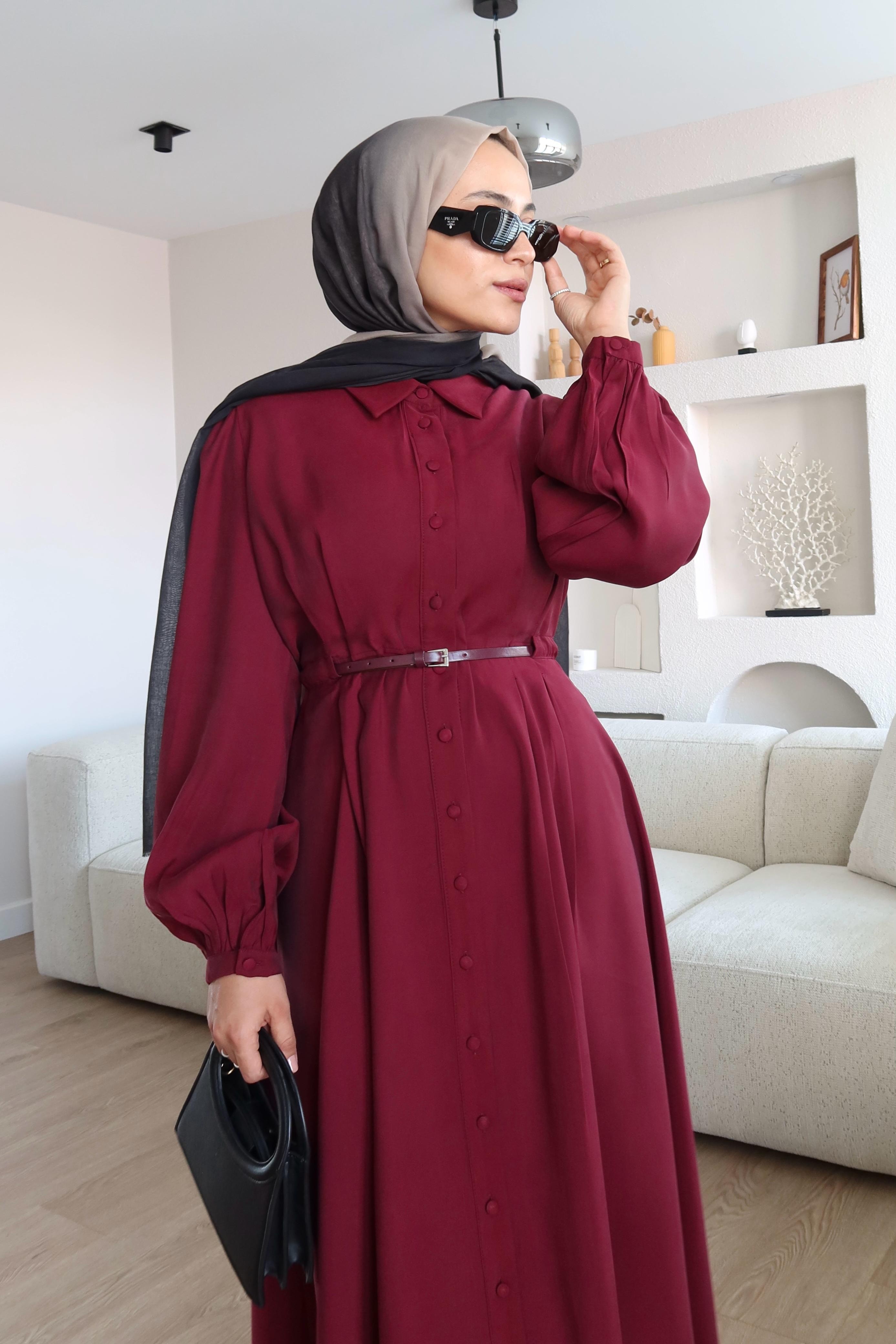 Premium Kumaş Kemerli Elbise Bordo