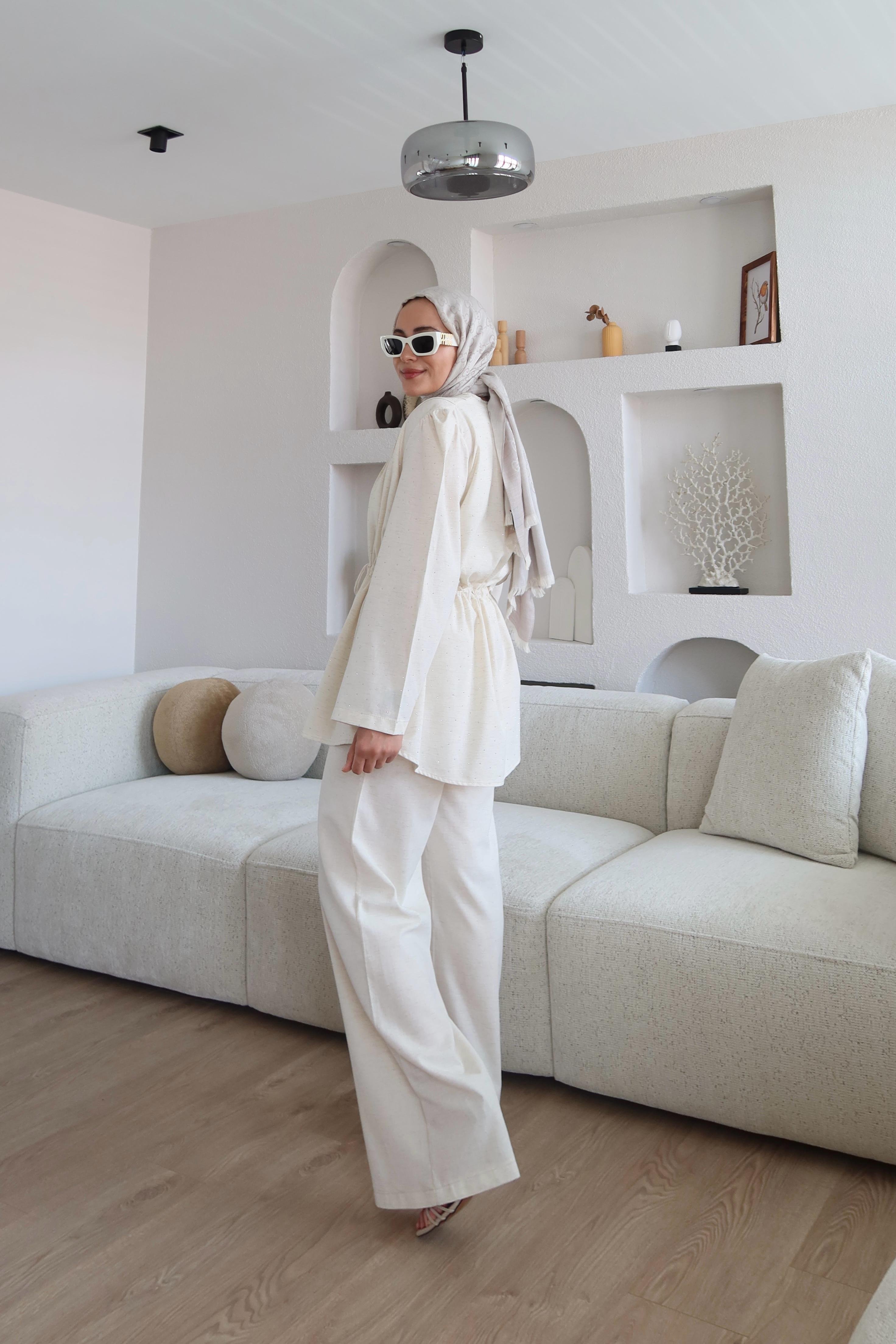 Keten Kumaş Taşlı Takım Natural