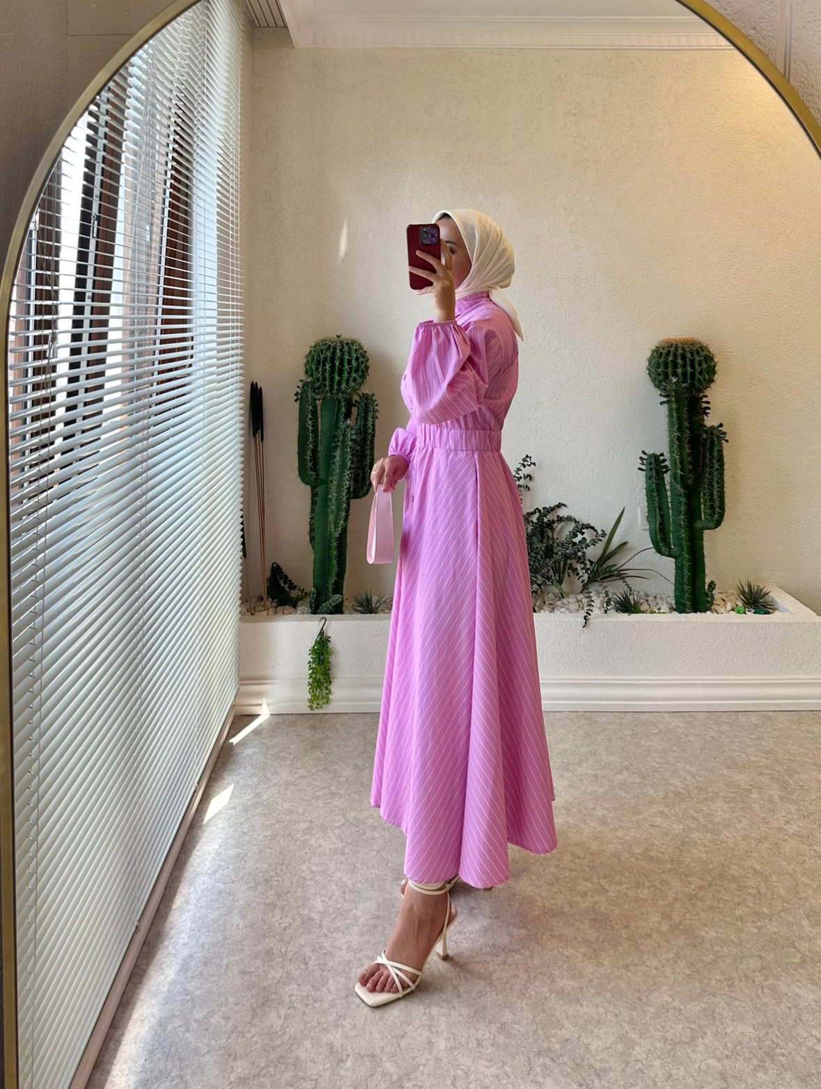 Çizgili Gömlek Elbise Pembe