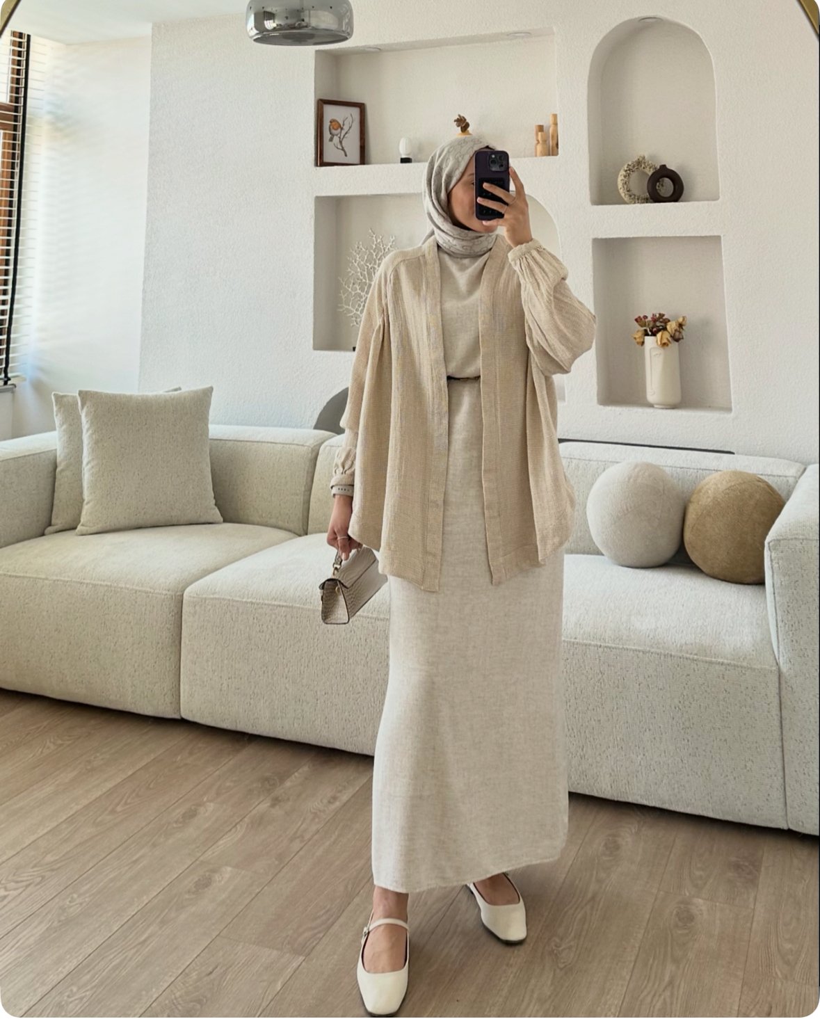 Natural Kimono Bej X Dökümlü Keten Jile Taş Kombin İndirimi