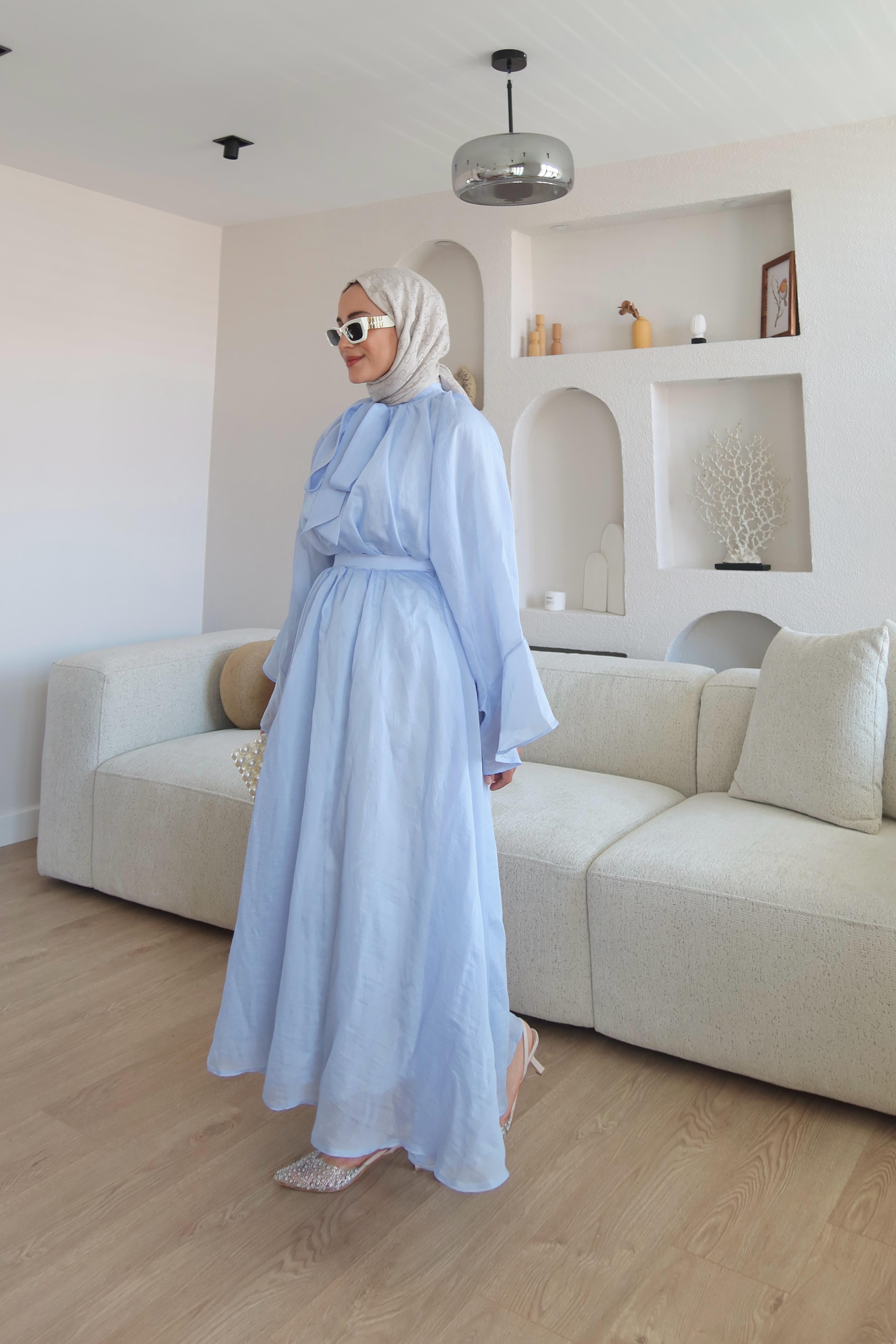Organze Kumaş Fular Yaka Takım Mavi
