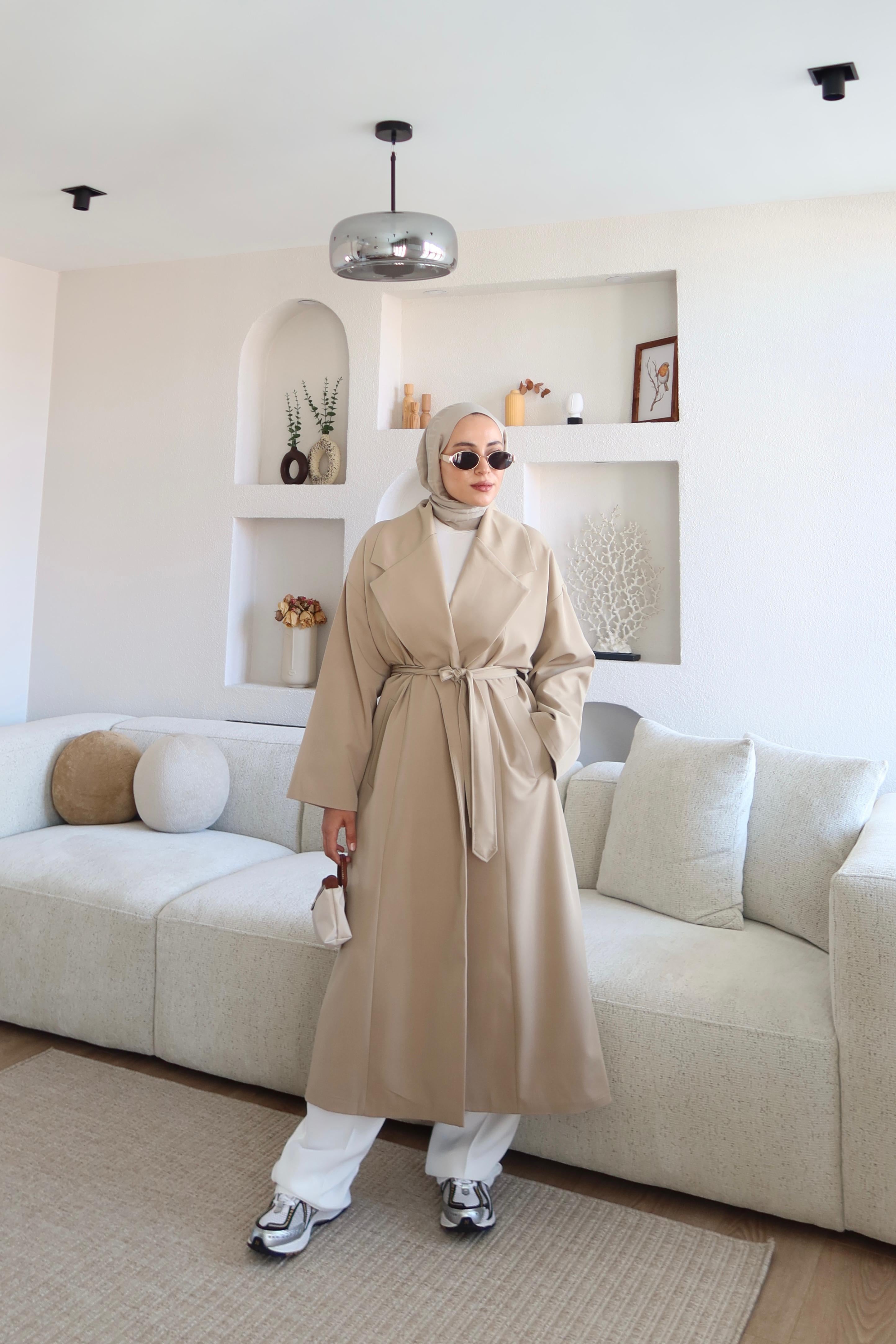 İthal Kumaş Kuşaklı Trençkot Taş 