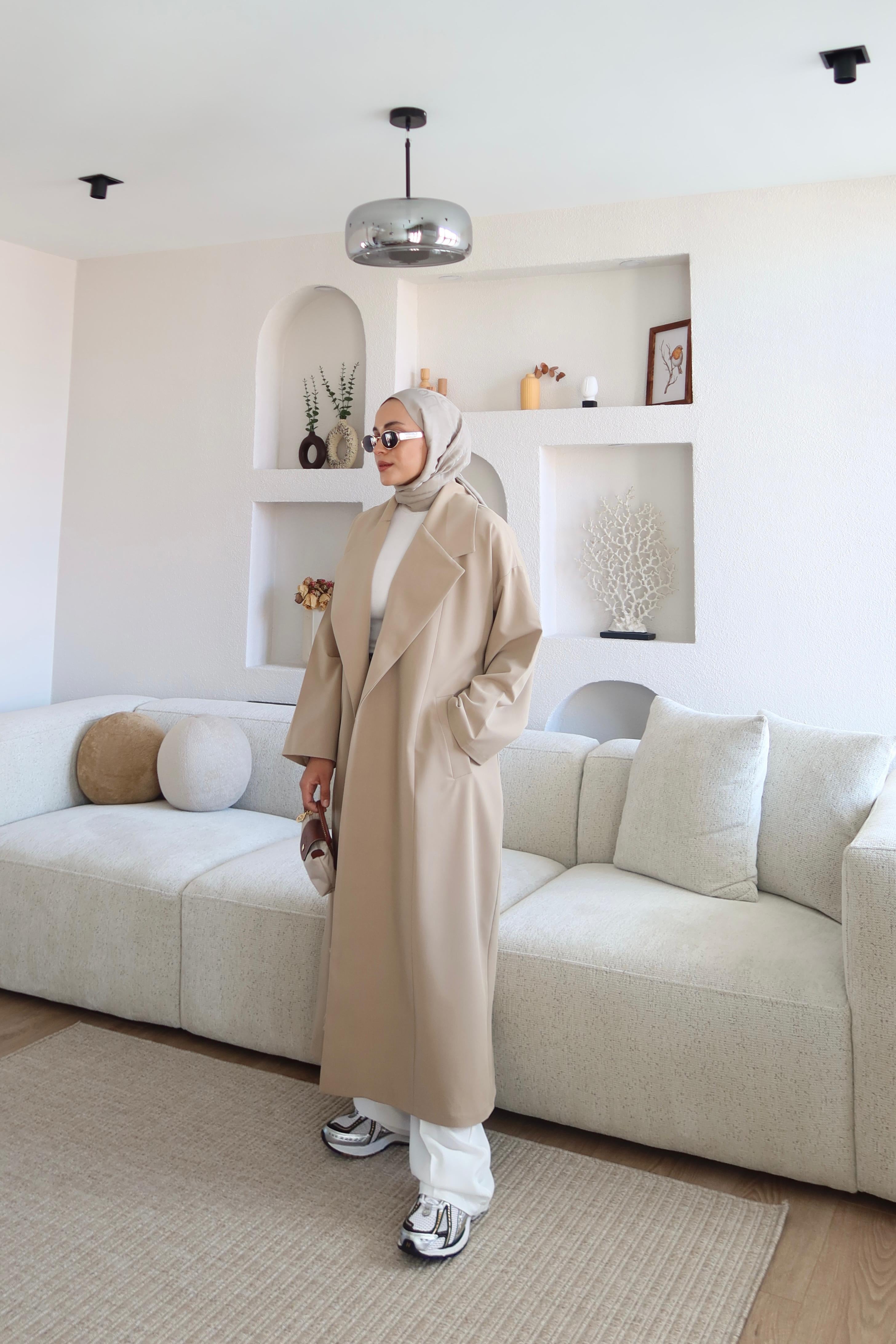 İthal Kumaş Kuşaklı Trençkot Taş 