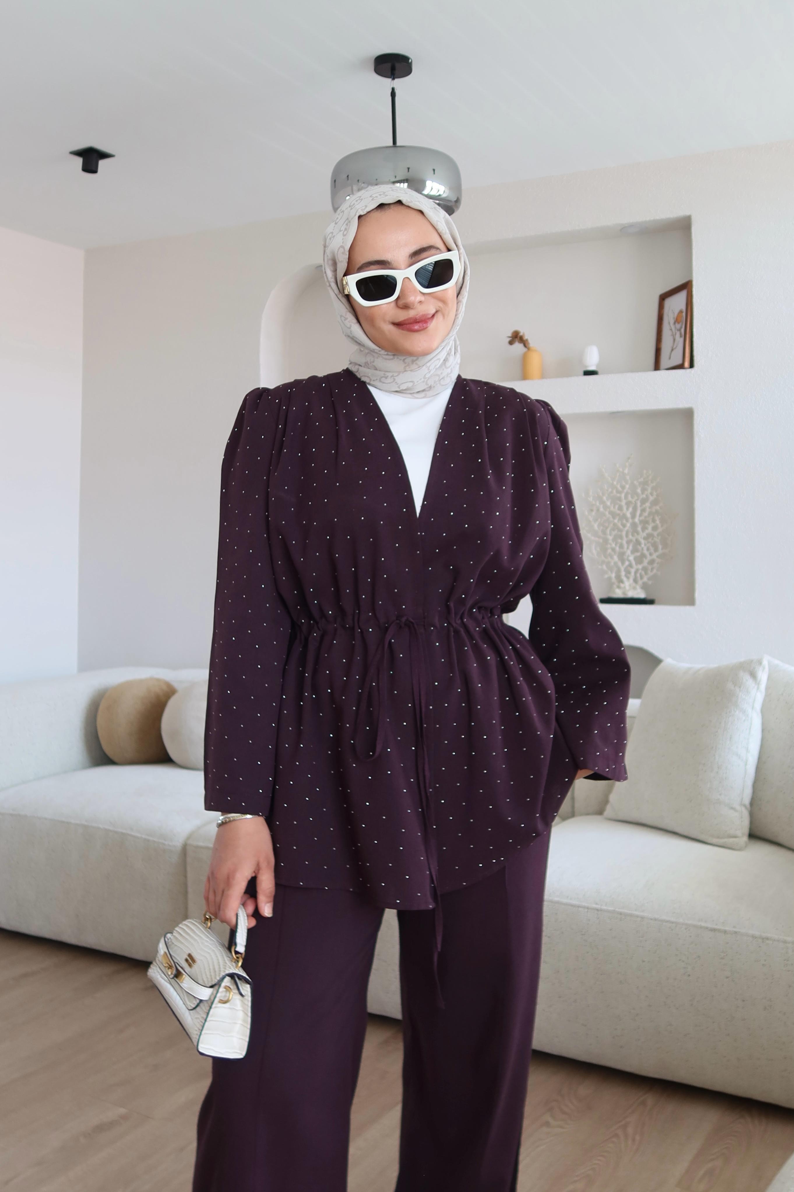 Keten Kumaş Taşlı Takım Bordo