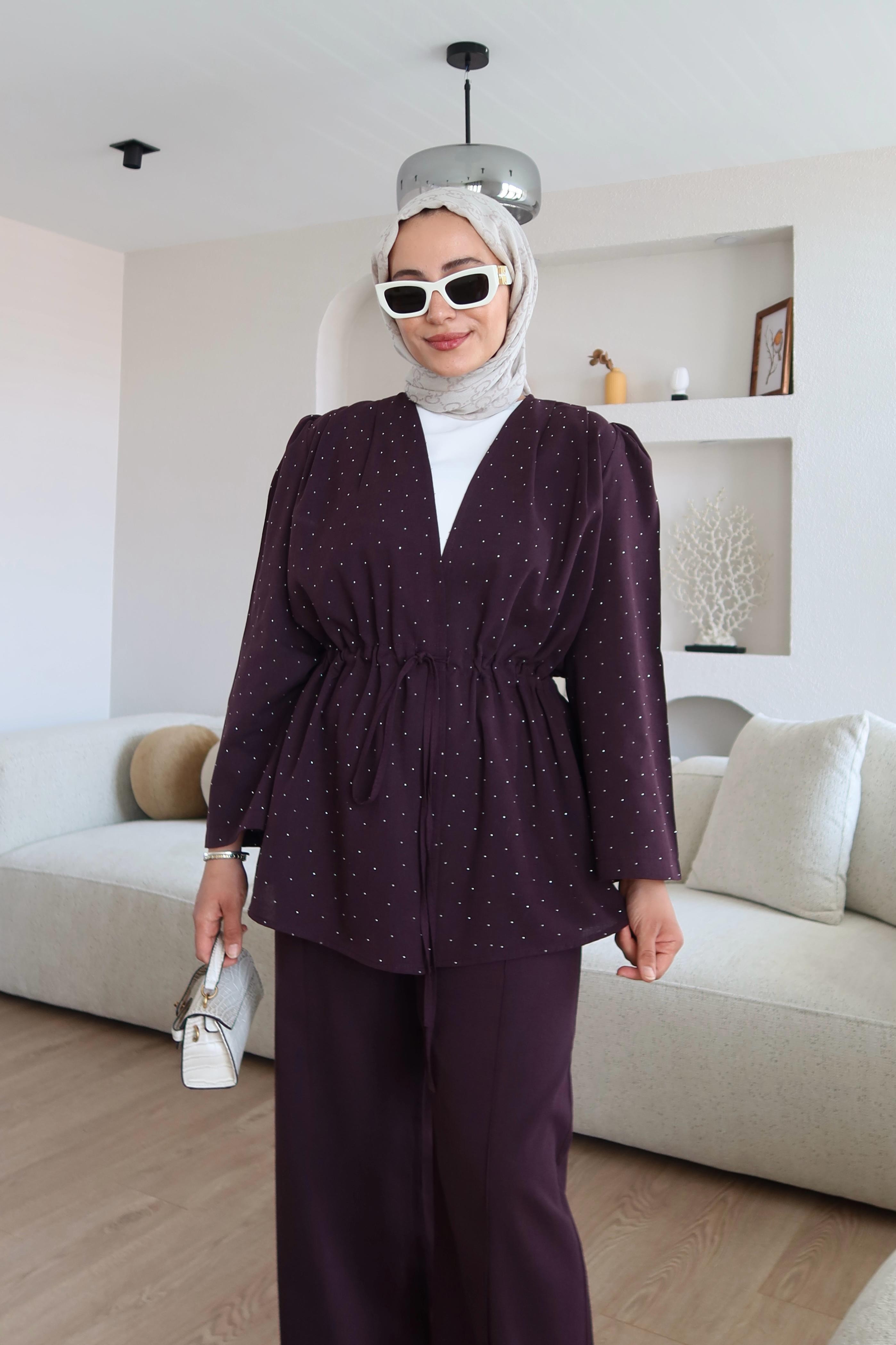 Keten Kumaş Taşlı Takım Bordo