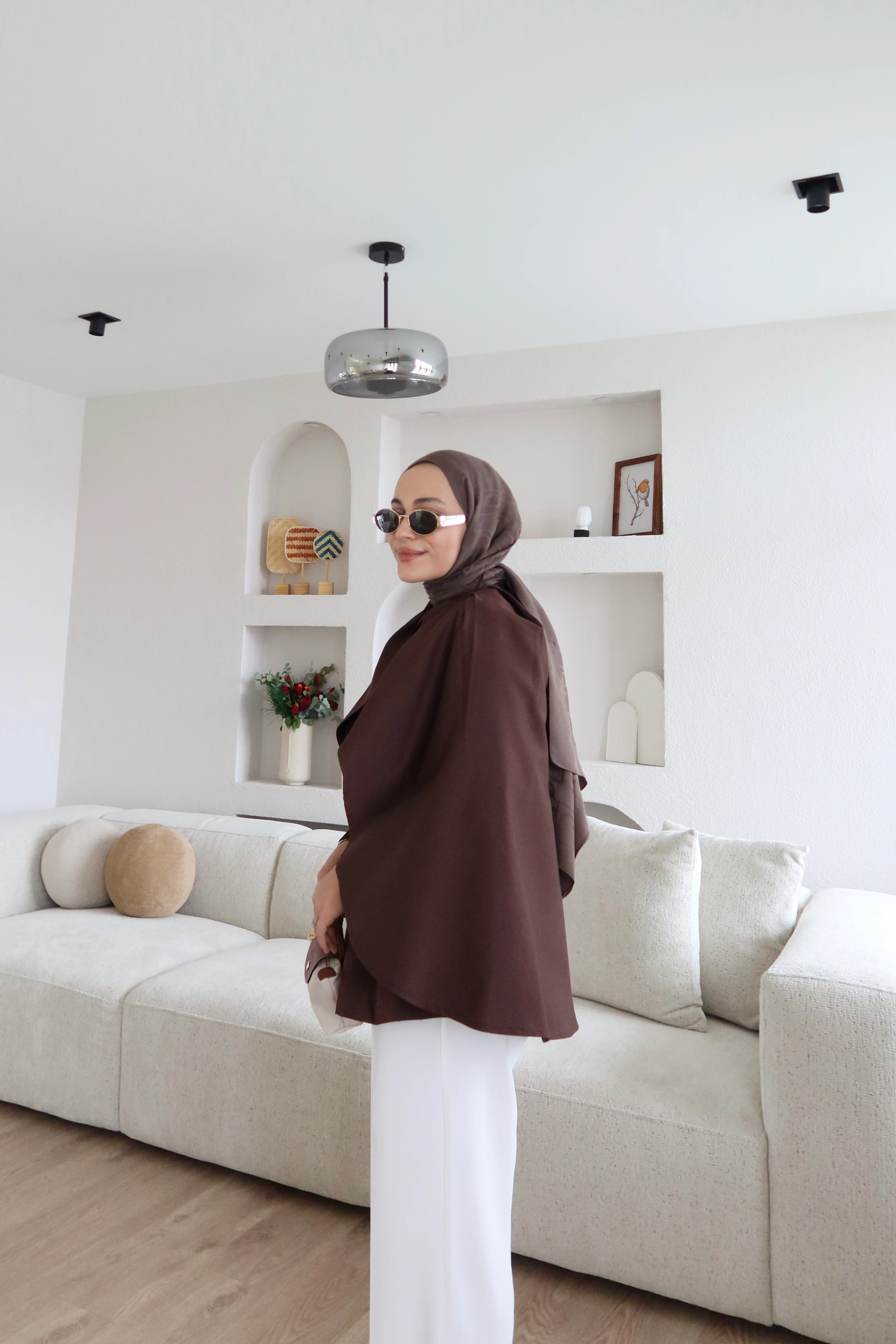 Gabardine Fabric Short Trench Coat with Cape – Brown