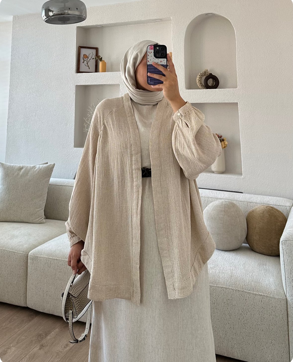 Natural Kimono Bej X Dökümlü Keten Jile Taş Kombin İndirimi