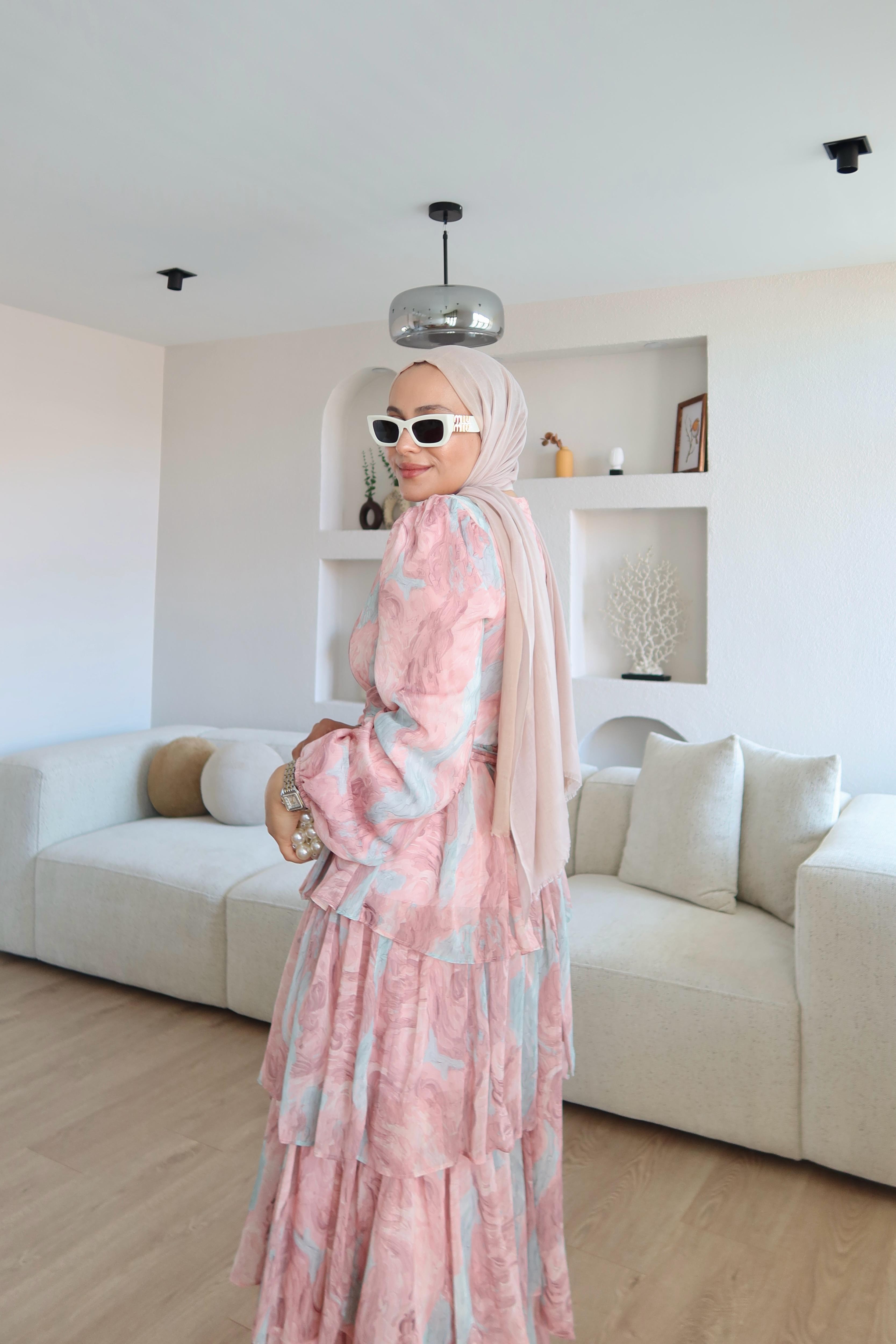 Eliora Katlı Fırfırlı Desenli Şifon Elbise Pembe