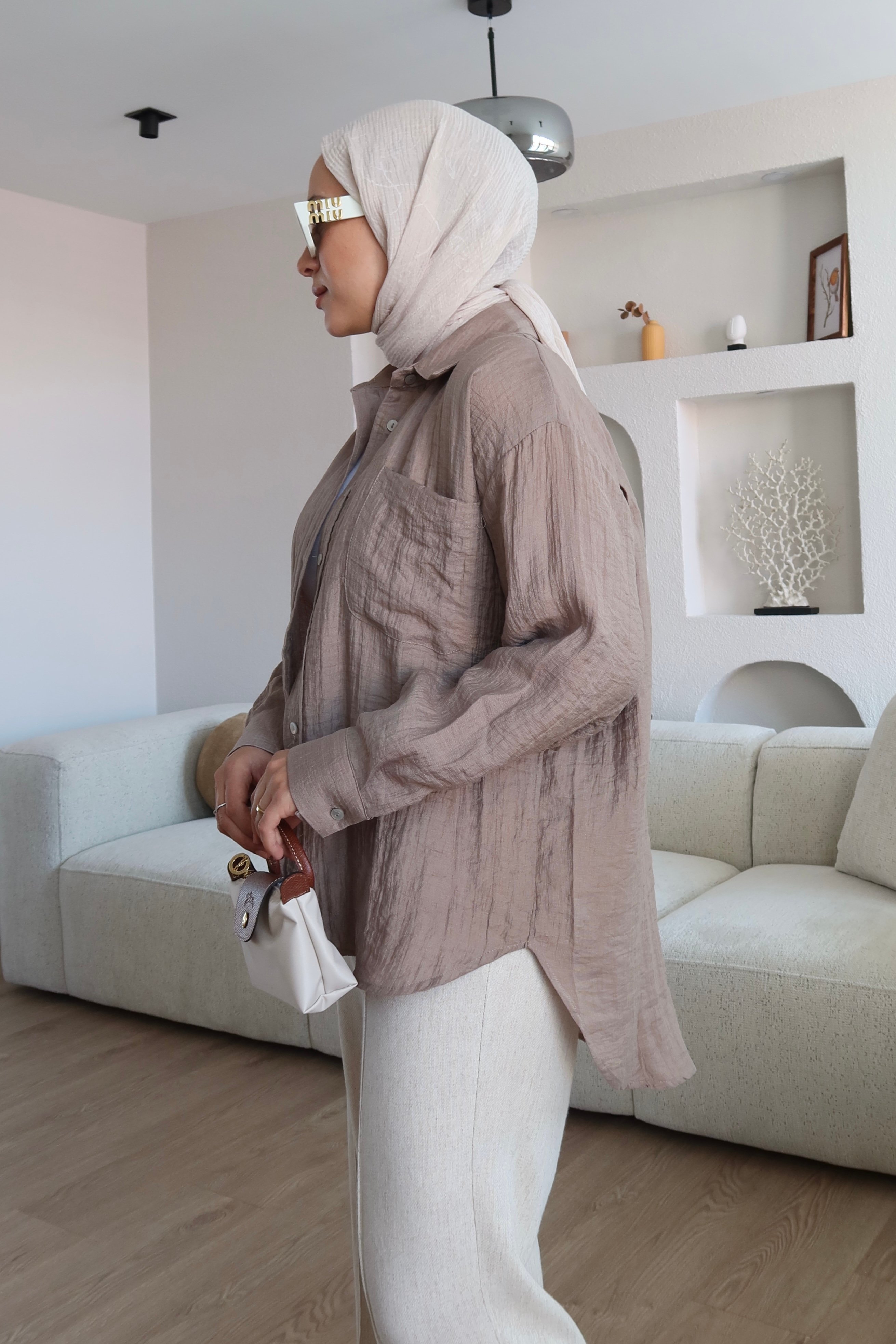 Kabartma Kumaş Oversize Gömlek Kahve 