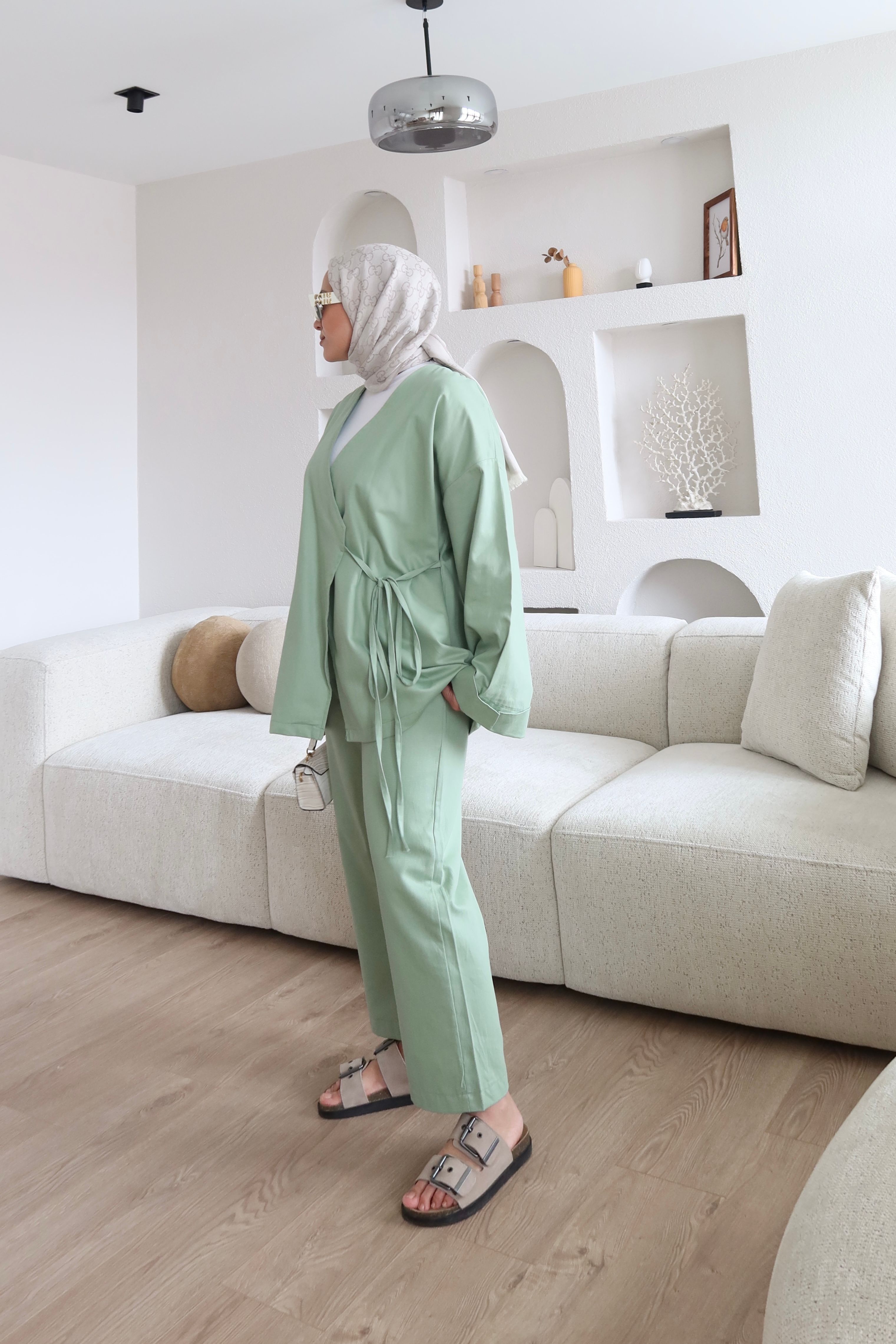 Bağlama Detaylı Kimono Takım Çağla Yeşili