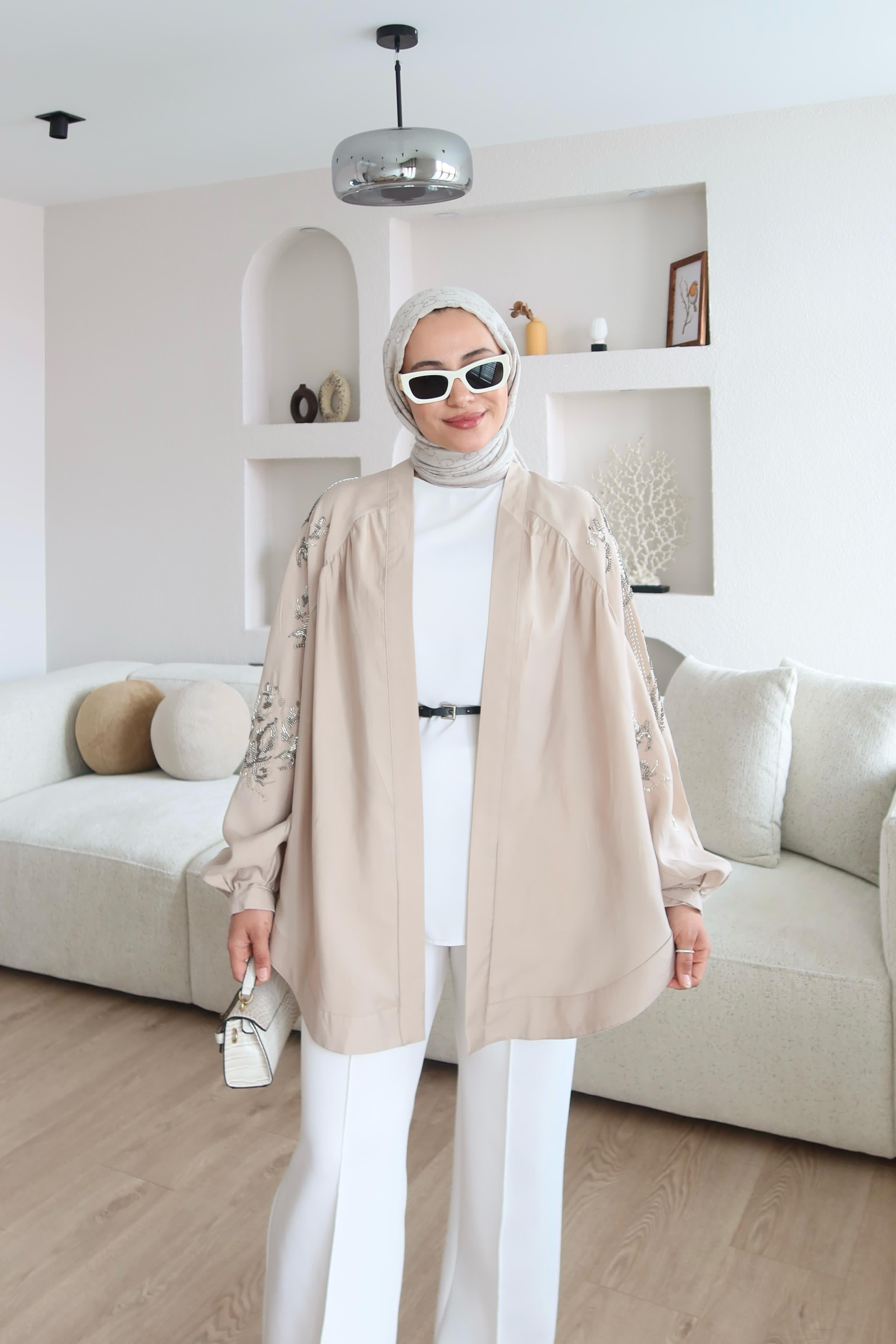 Premium Tencel Kumaş İşlemeli Kimono Taş 