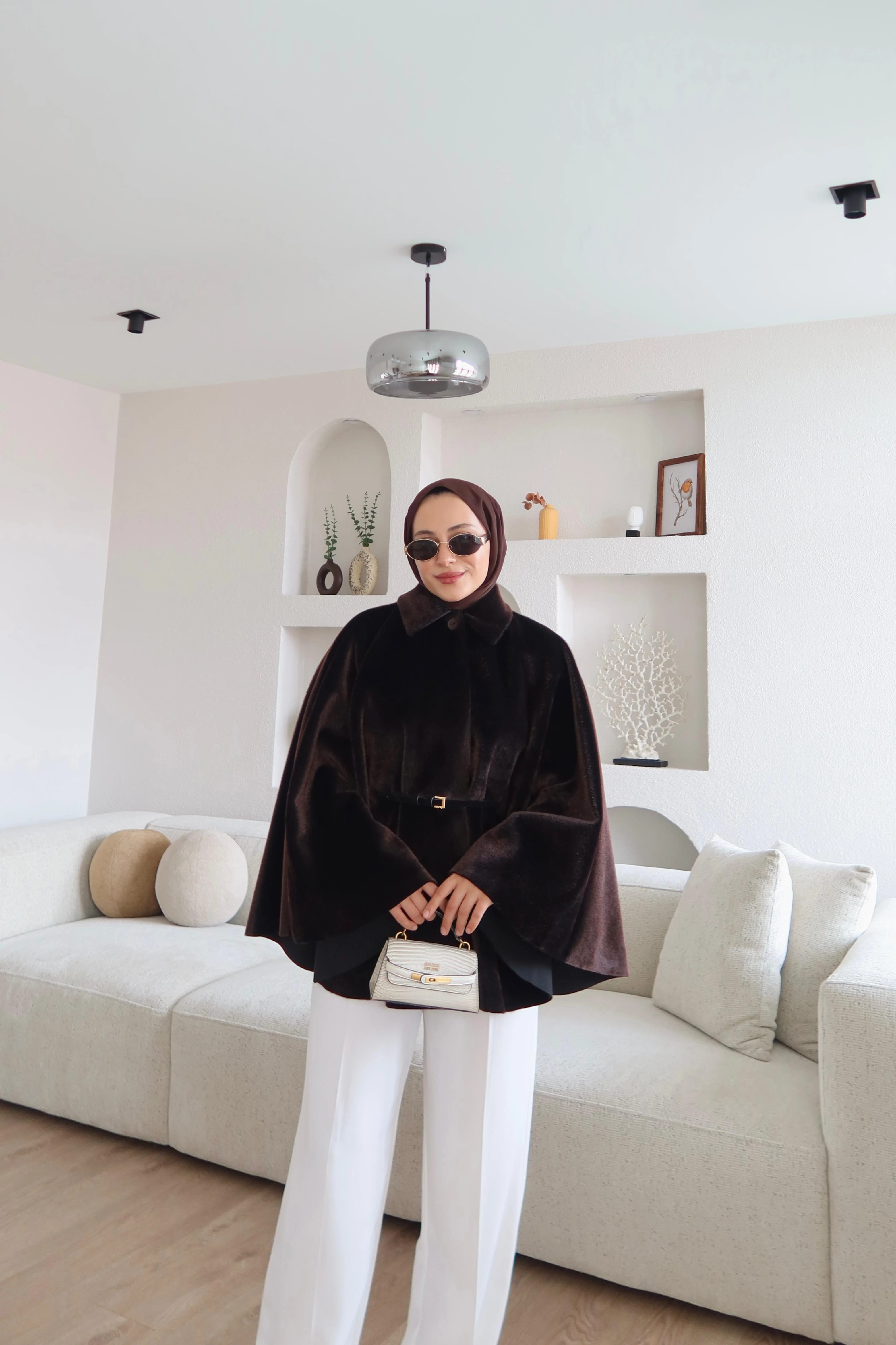 Süet Kemer Detaylı Pelerin Kaban Kahve 