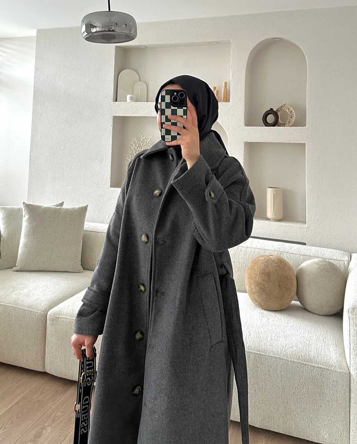 Önü Düğmeli Kuşaklı Premium Kaban Antrasit