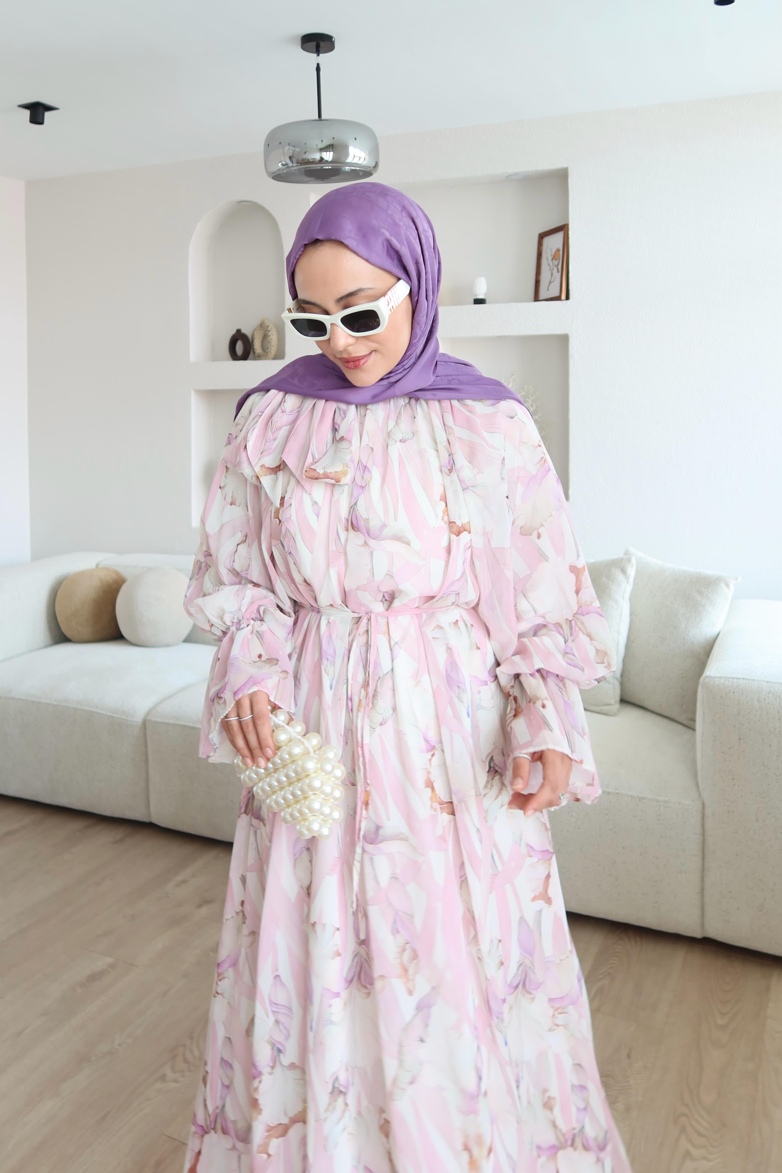 Dyla Desenli Şifon Elbise Pembe 