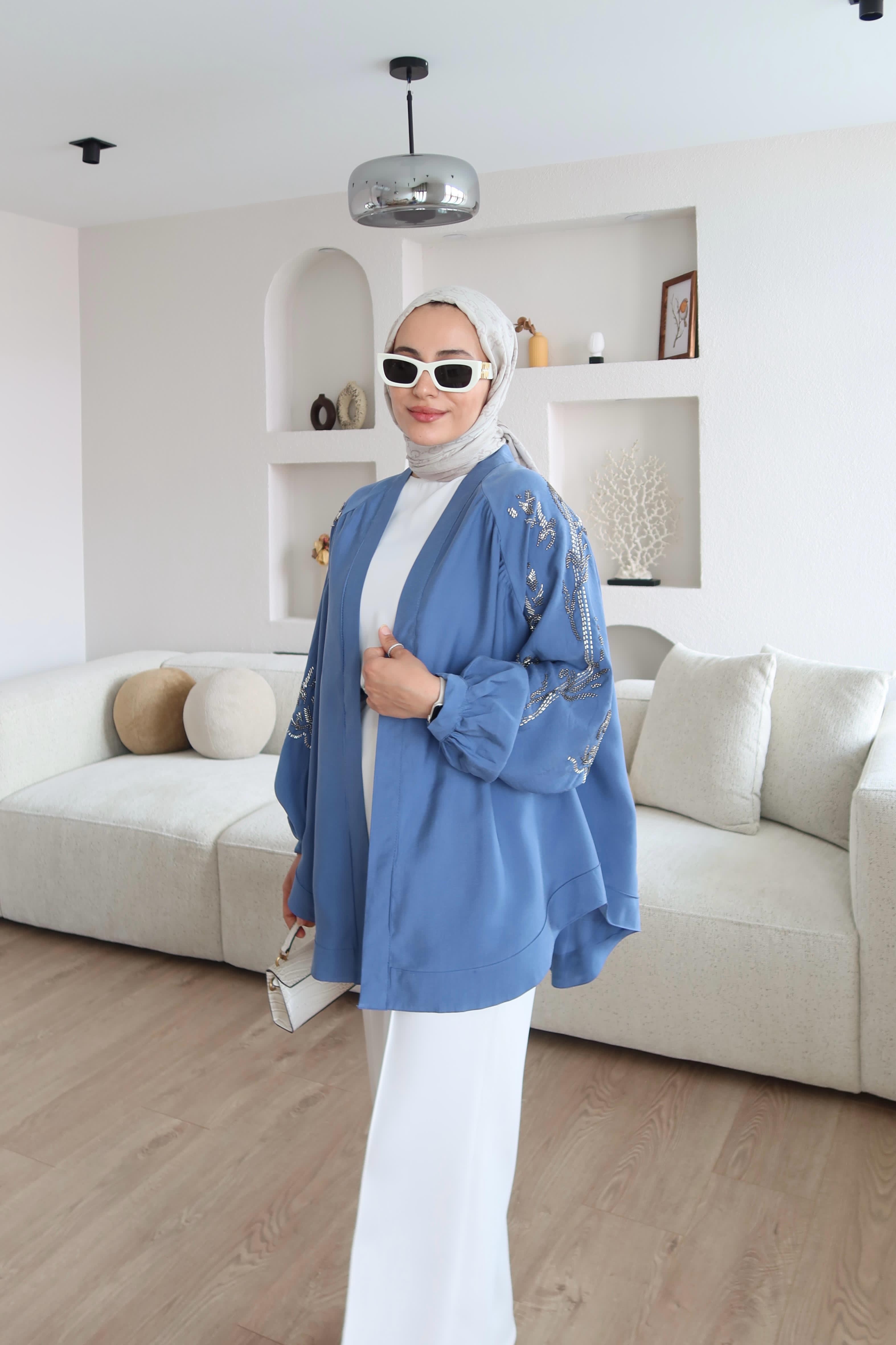 Premium Tencel Kumaş İşlemeli Kimono Mavi 