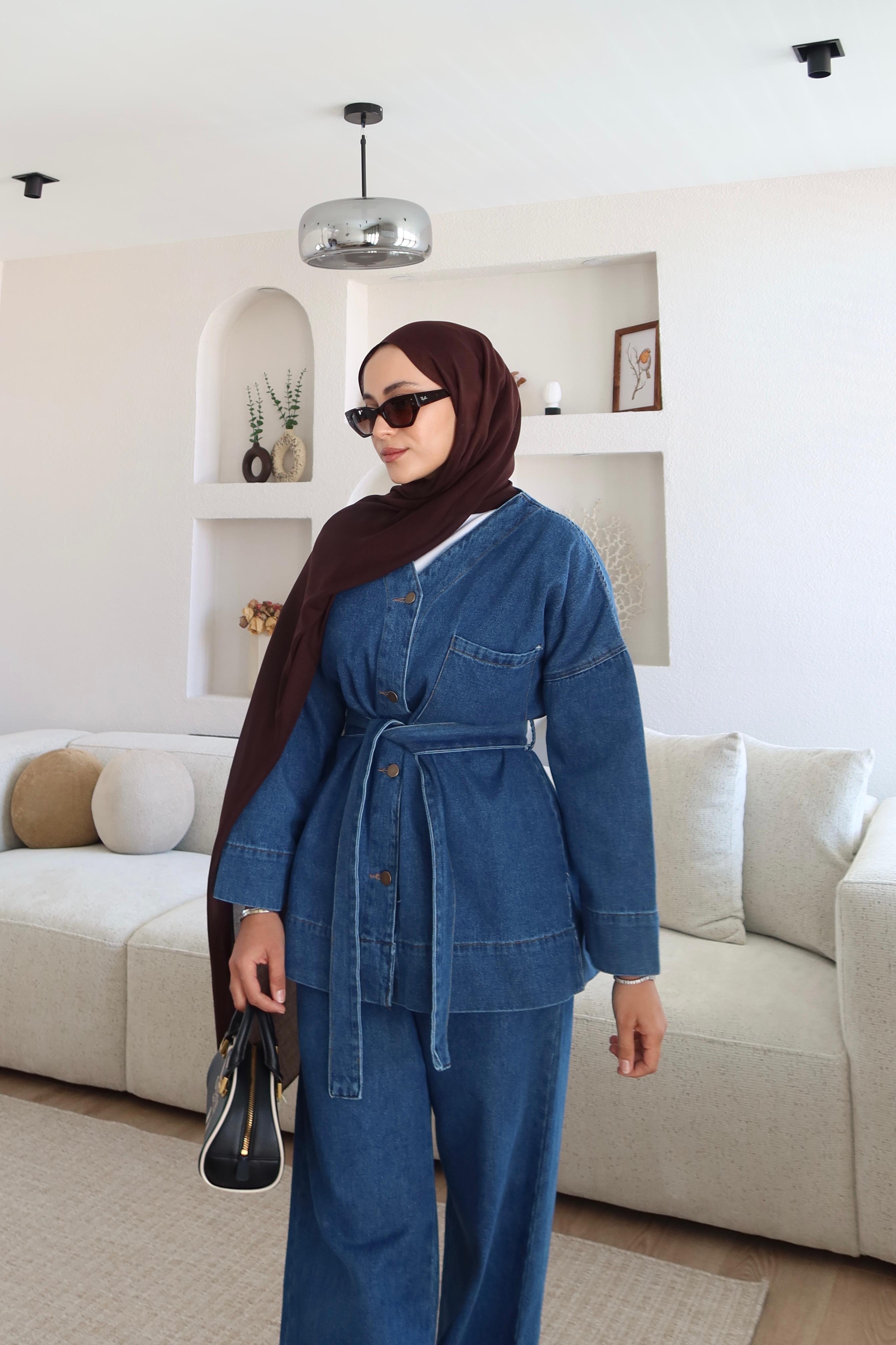 Kemerli Denim Takım Mavi 